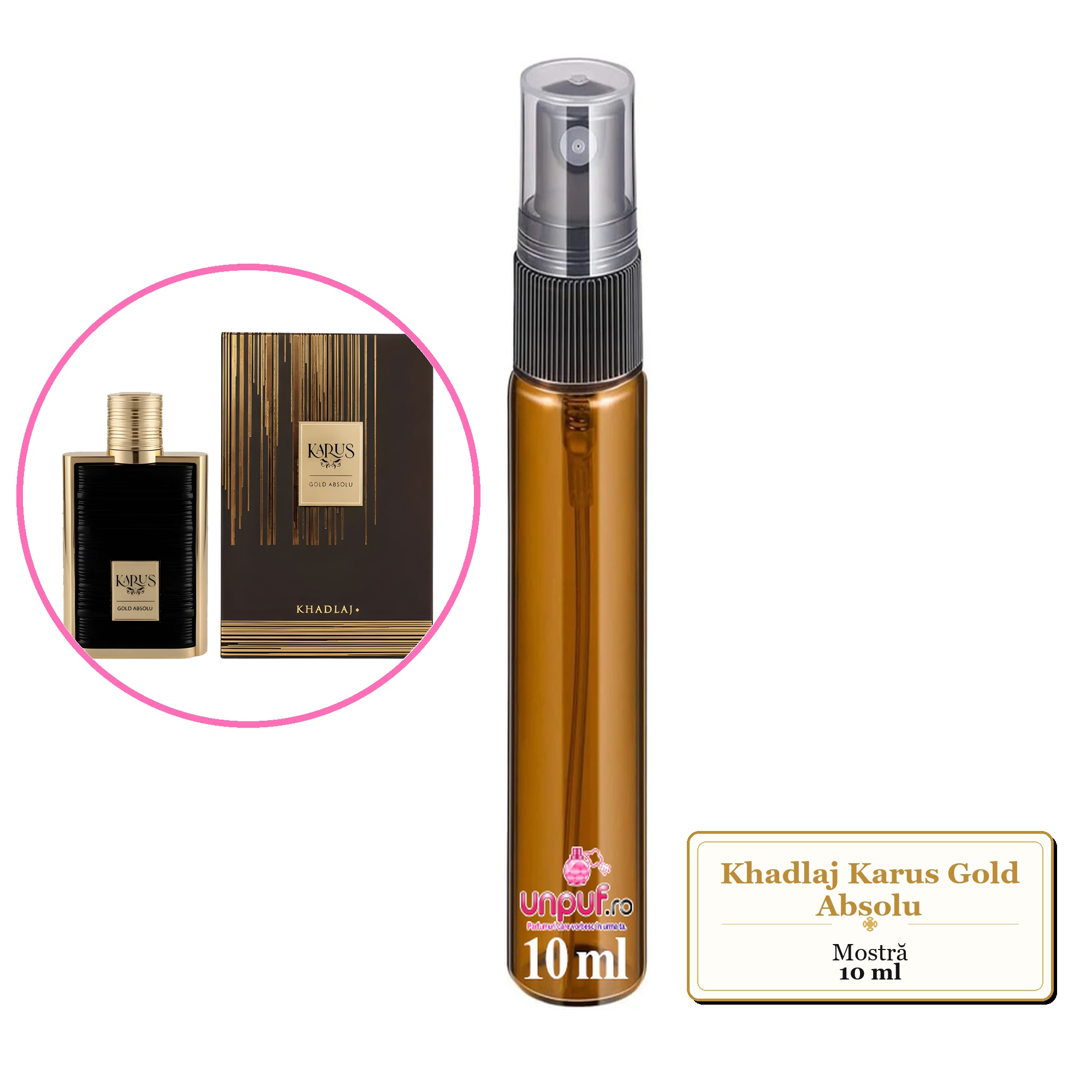 Mostra fiola din Parfumul Khadlaj Karus Gold Absolu, decant sticla cu pulverizator