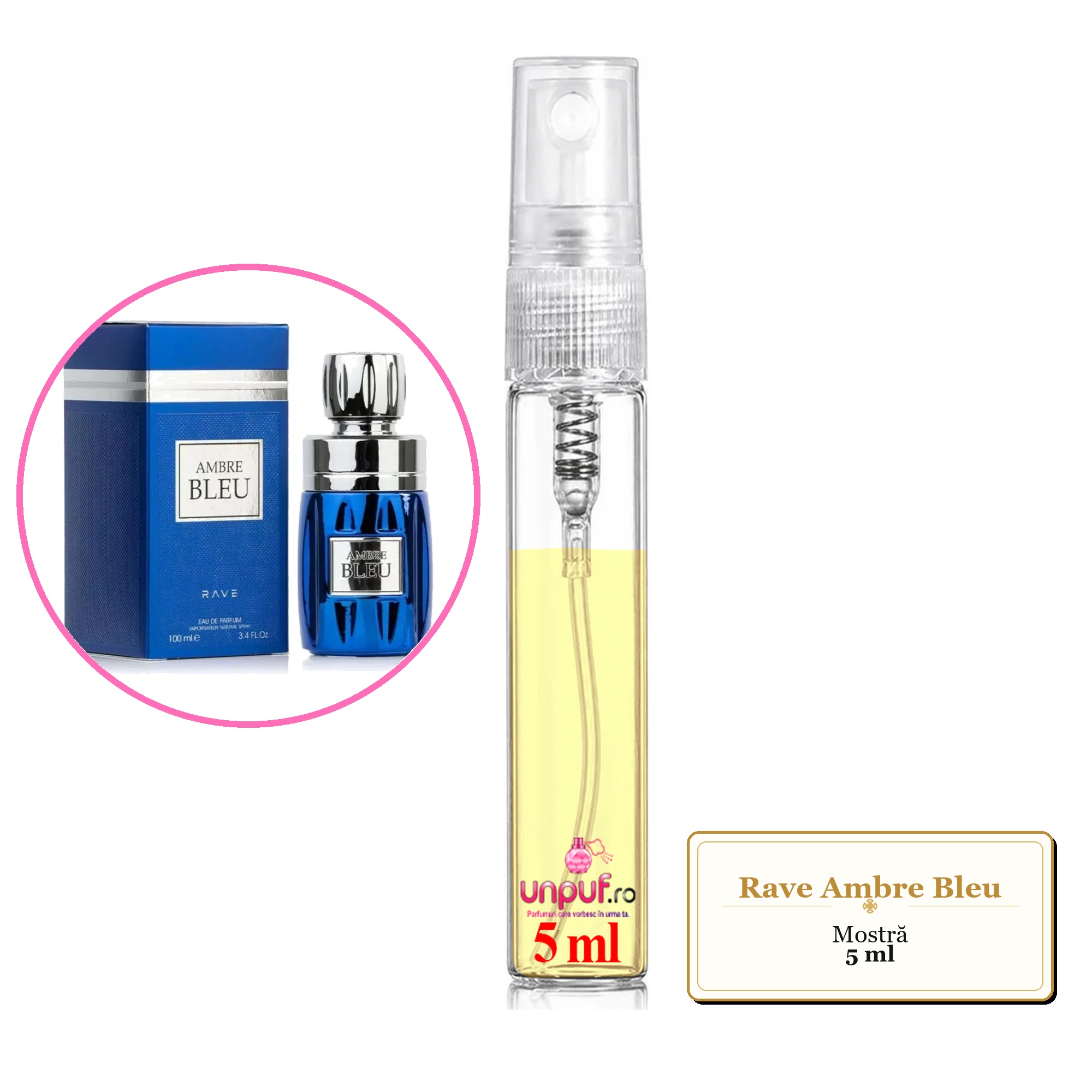 Mostra fiola din Parfumul Rave Ambre Bleu, decant sticla cu pulverizator 