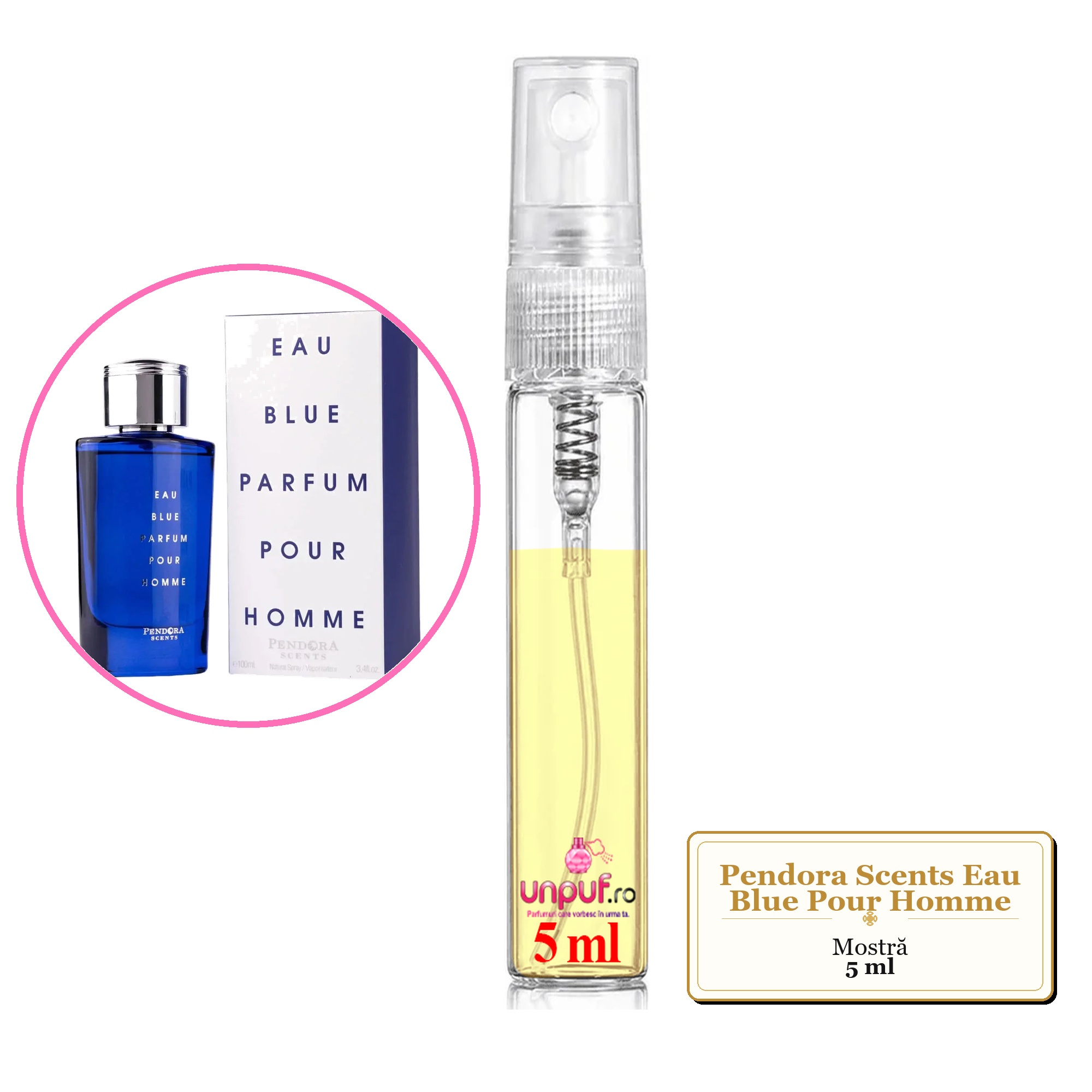 Mostra fiola din Parfumul Pendora Scents Eau Blue Pour Homme, decant sticla cu pulverizator