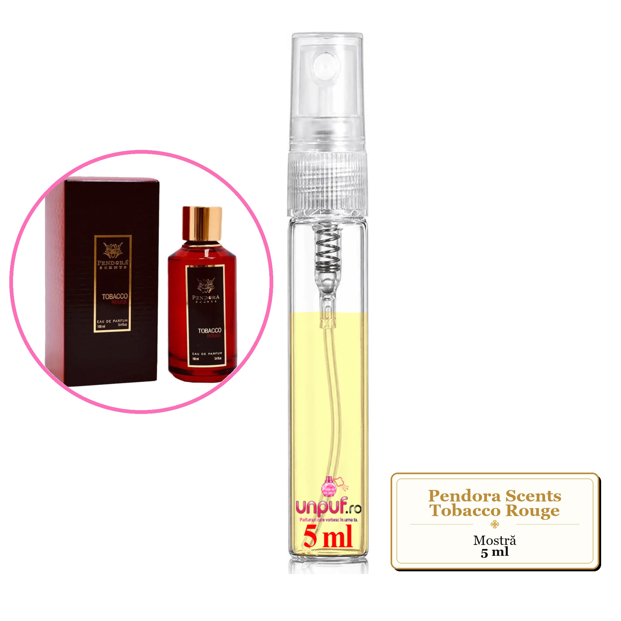 Mostra fiola din Parfumul Pendora Scents Tobacco Rouge, decant sticla cu pulverizator