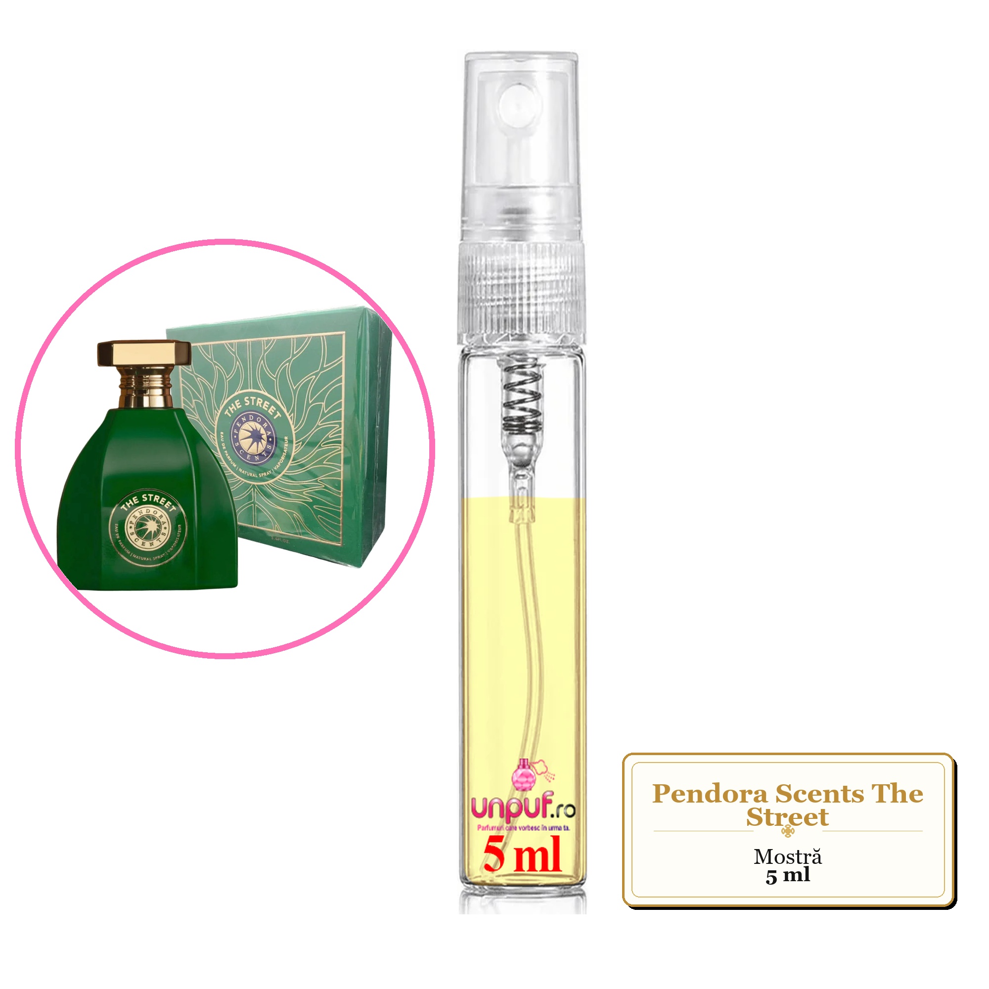 Mostra fiola din Parfumul Pendora Scents The Street, decant sticla cu pulverizator