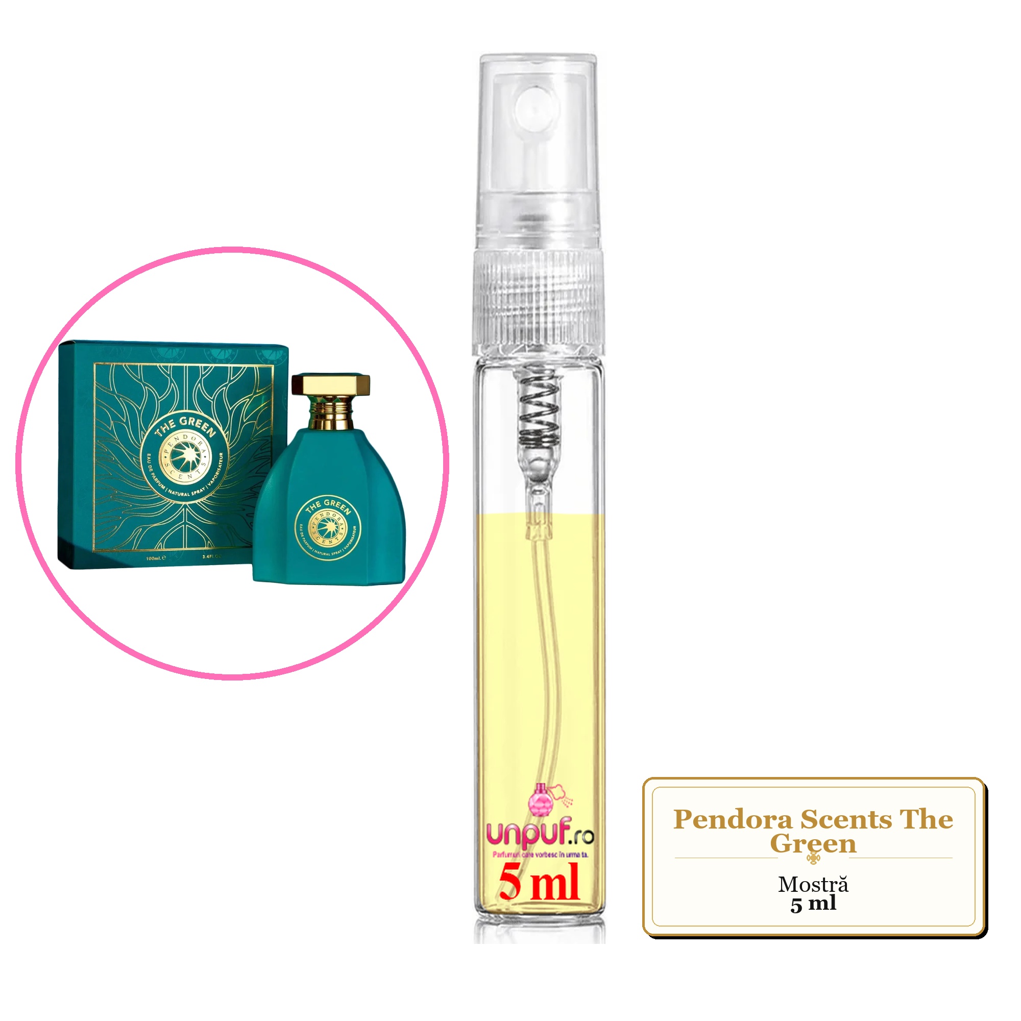 Mostra fiola din Parfumul Pendora Scents The Green, decant sticla cu pulverizator