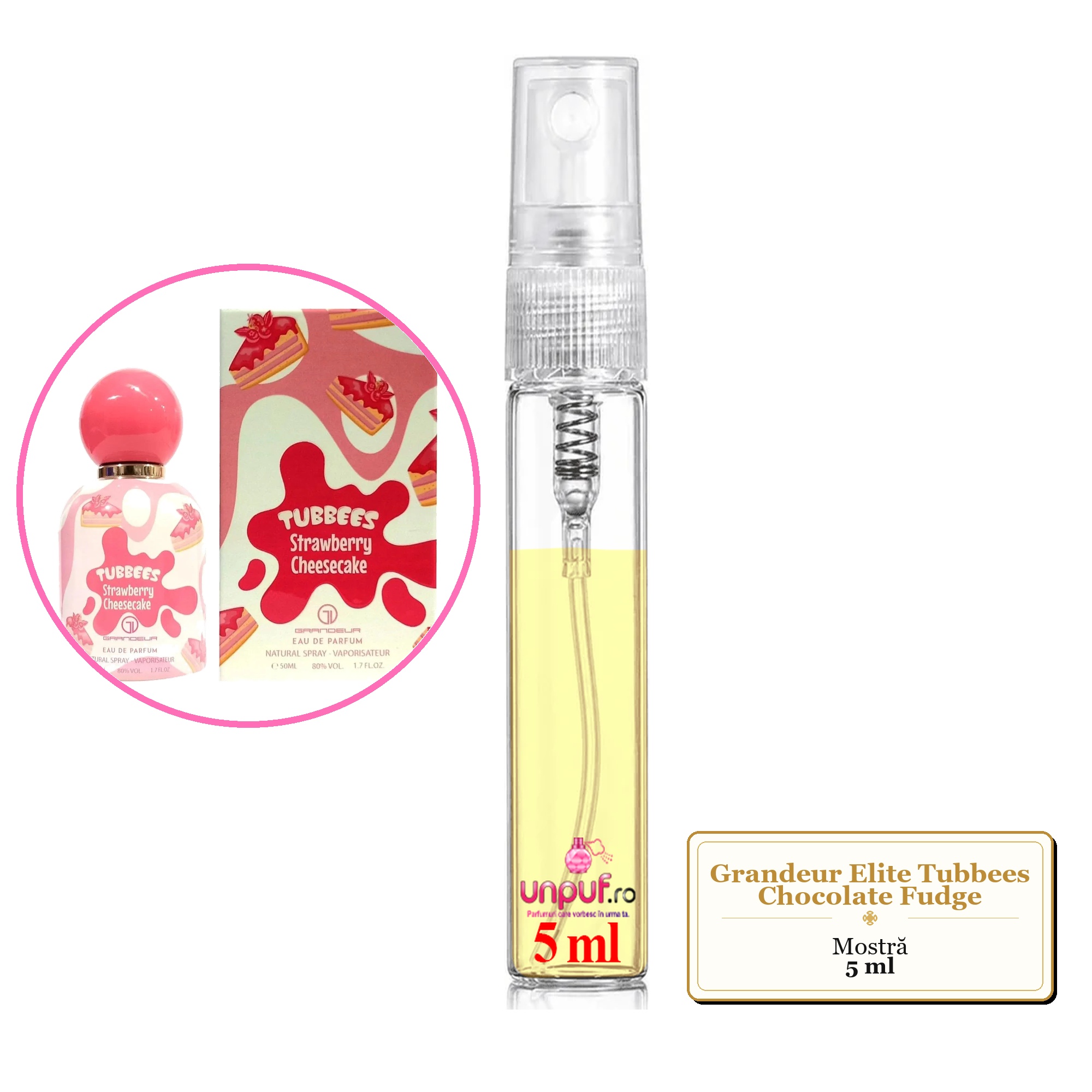 Mostra fiola din Parfumul Grandeur Elite Tubbees Chocolate Fudge, decant sticla cu pulverizator