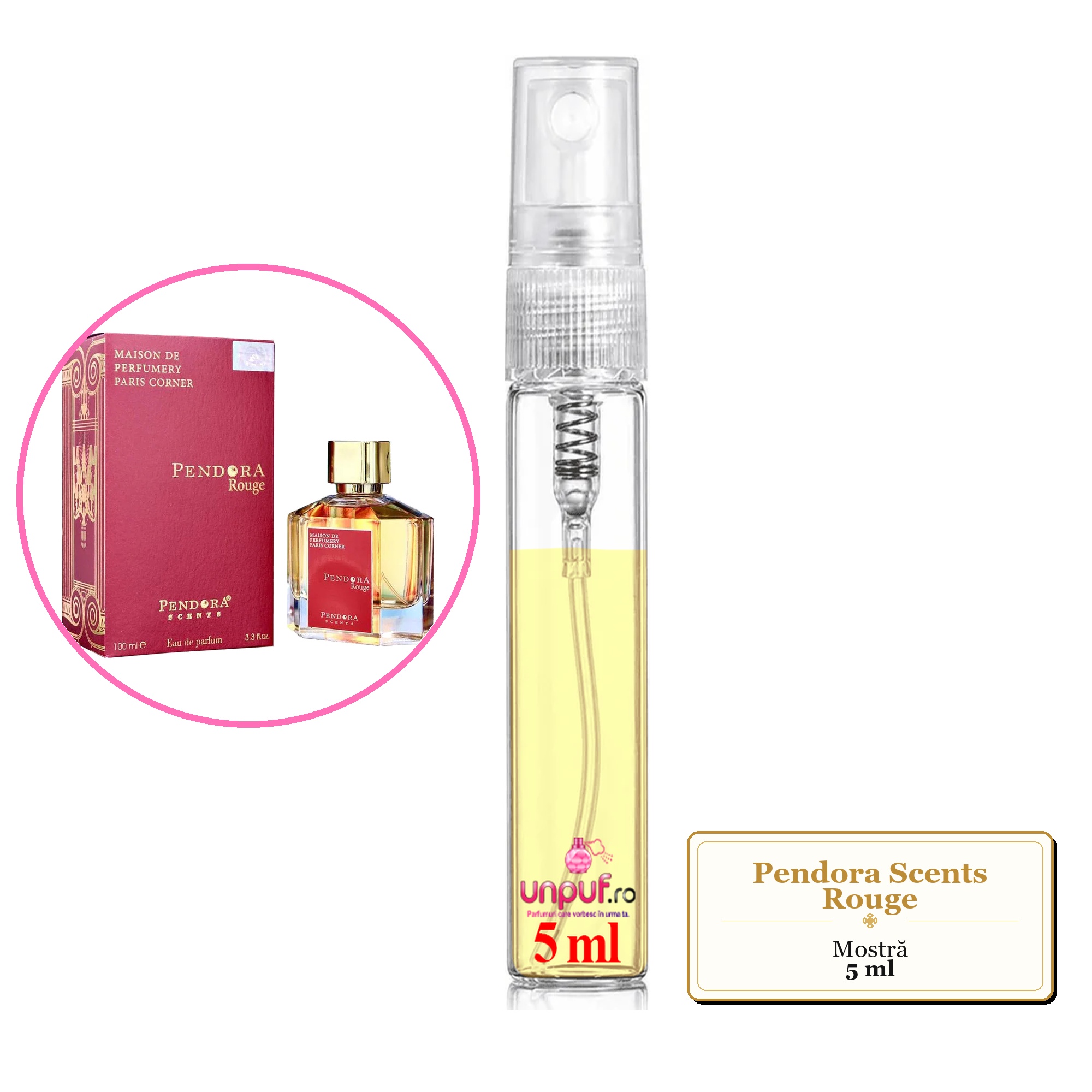 Mostra fiola din Parfumul Pendora Scents Rouge, decant sticla cu pulverizator 