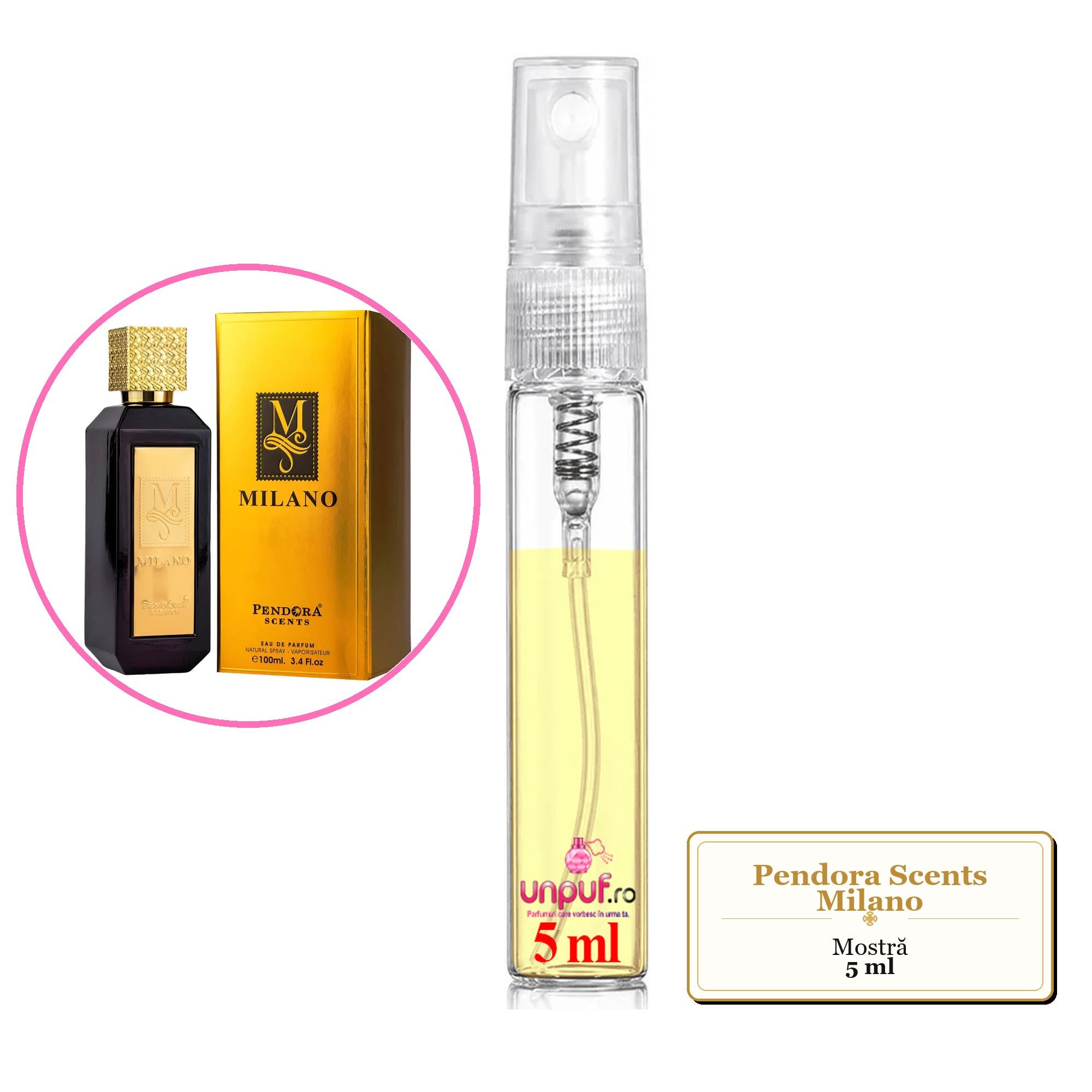 Mostra fiola din Parfumul Pendora Scents Milano, decant sticla cu pulverizator 