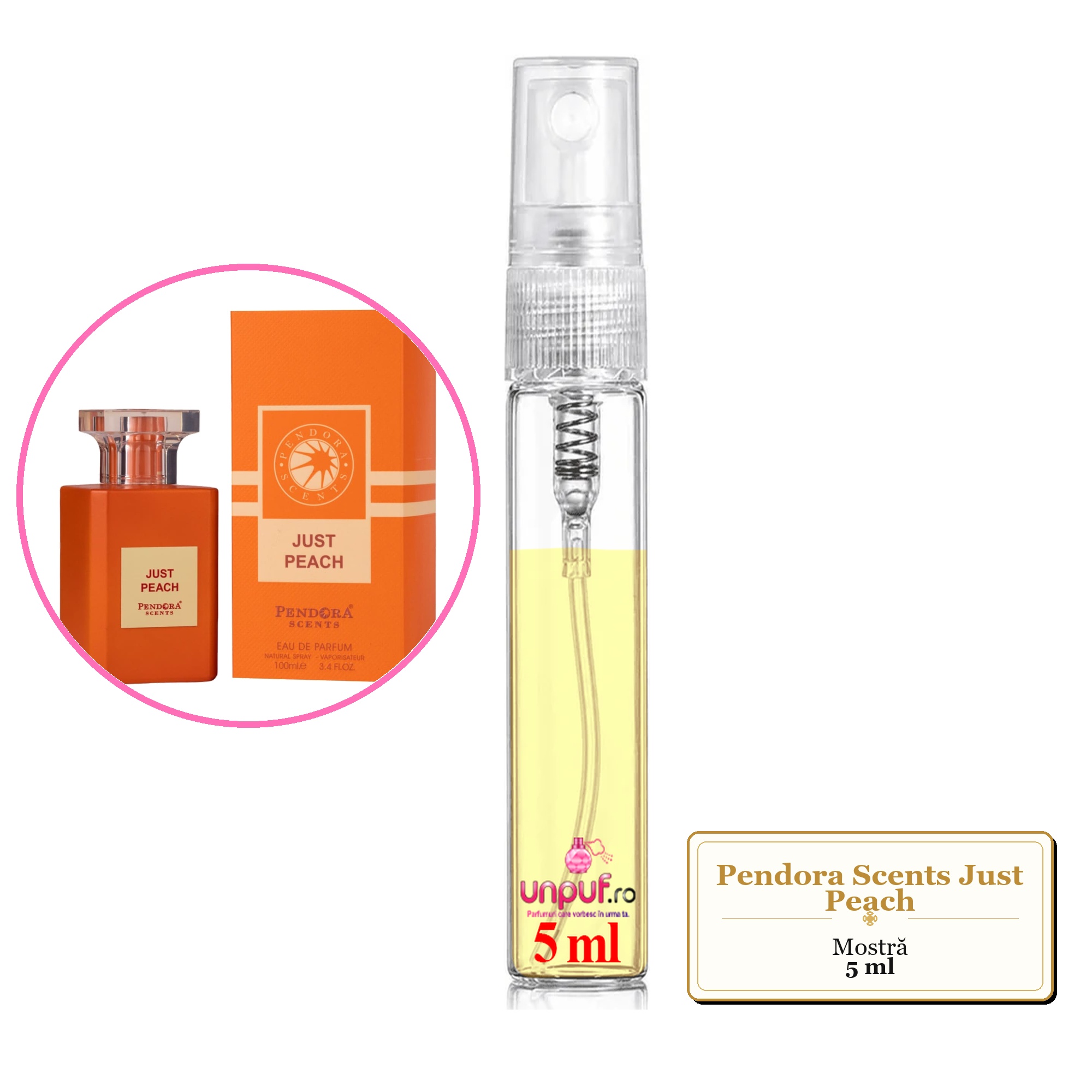 Mostra fiola din Parfumul Pendora Scents Just Peach, decant sticla cu pulverizator