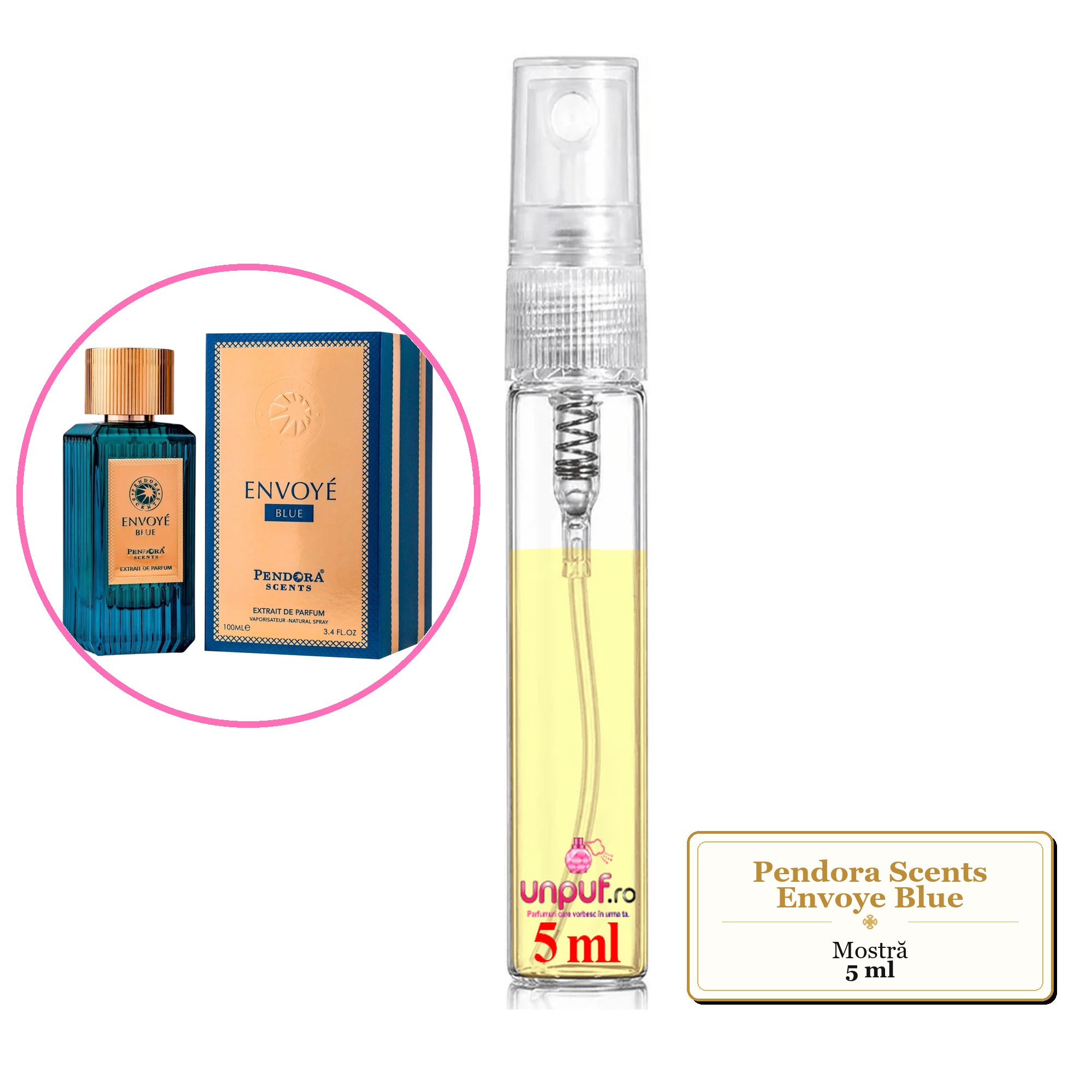Mostra fiola din Parfumul Pendora Scents Envoye Blue, decant sticla cu pulverizator