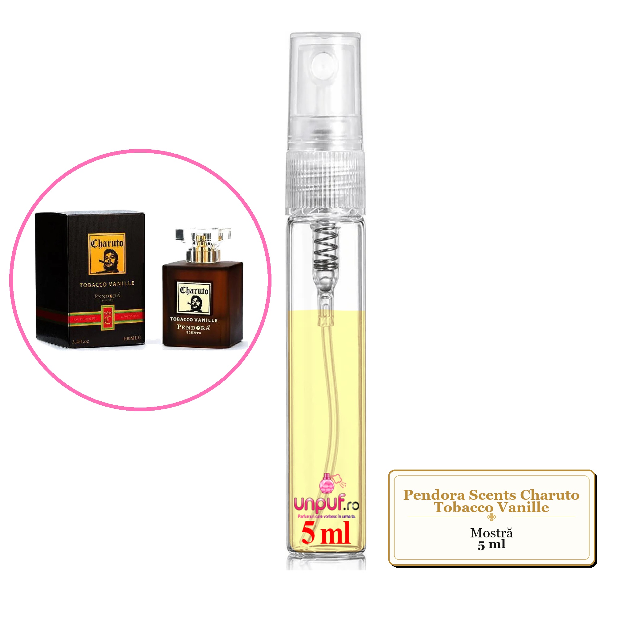 Mostra fiola din Parfumul Pendora Scents Charuto Tobacco Vanille, decant sticla cu pulverizator 