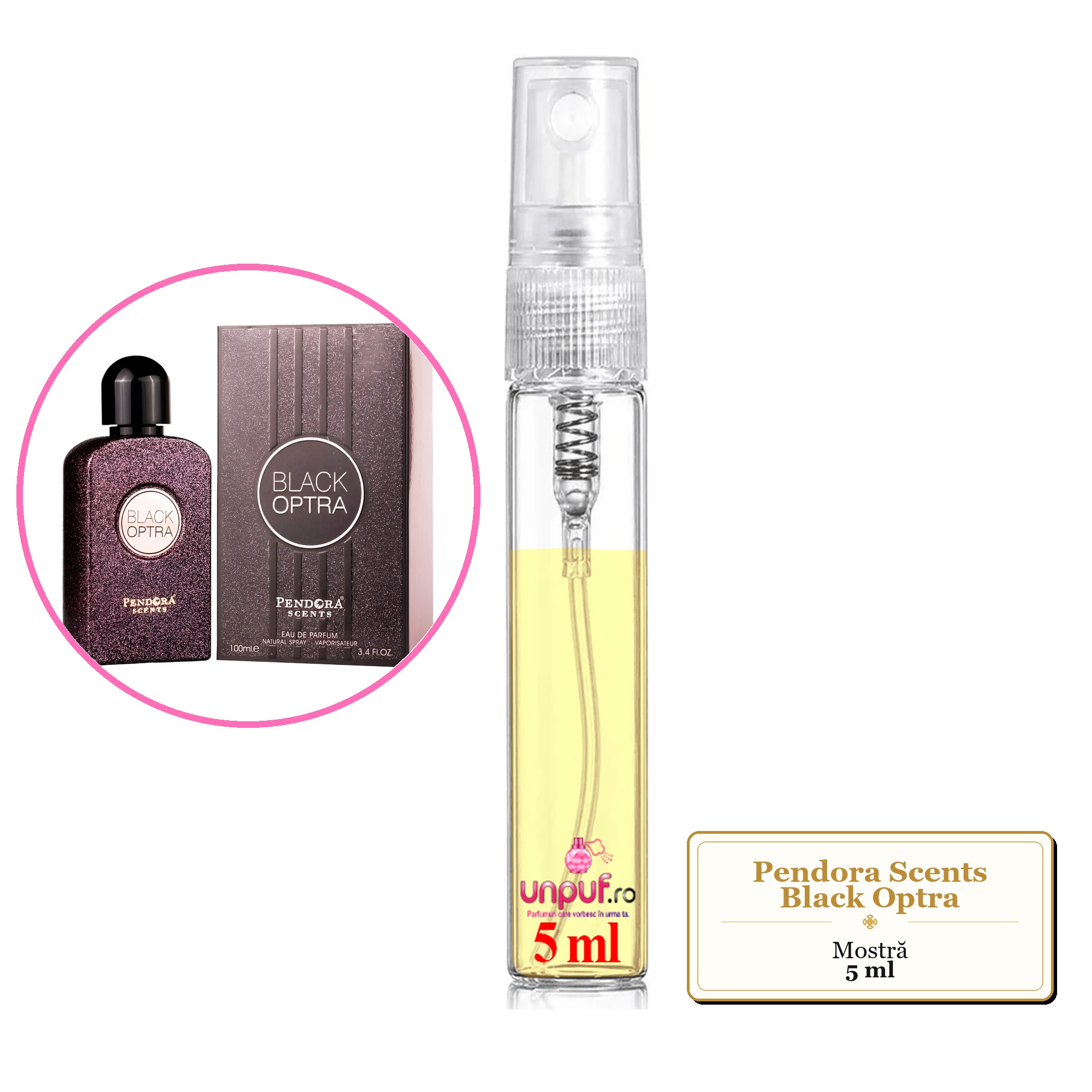 Mostra fiola din Parfumul Pendora Scents Black Optra, decant sticla cu pulverizator