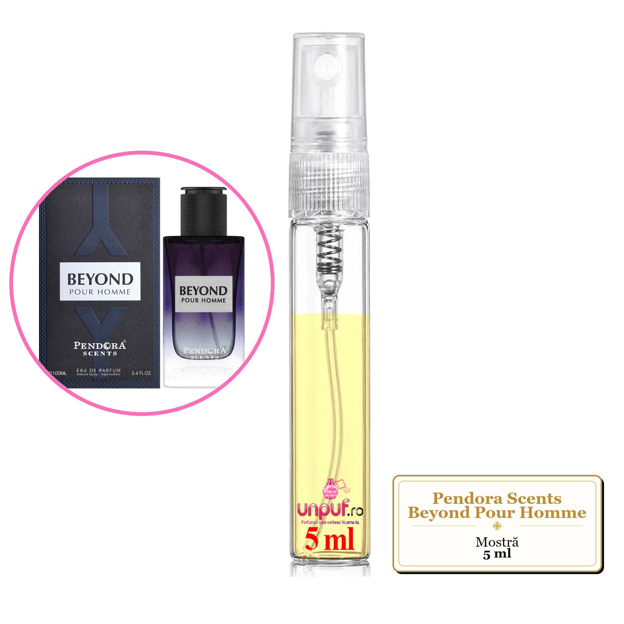 Mostra fiola din Parfumul Pendora Scents Beyond Pour Homme, decant sticla cu pulverizator 