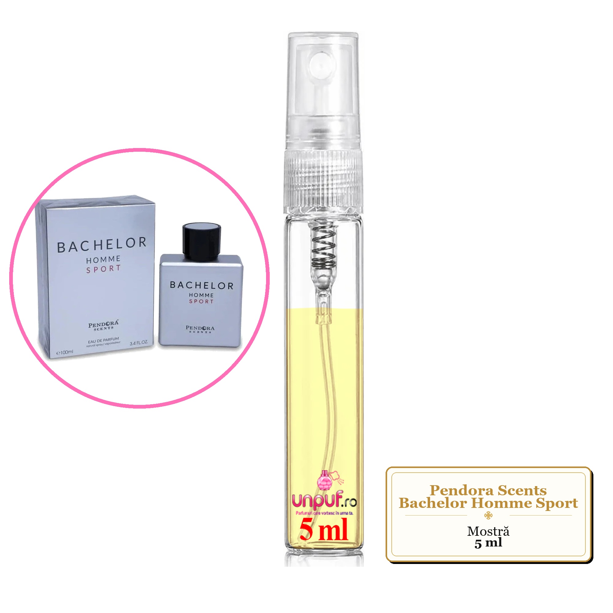 Mostra fiola din Parfumul Pendora Scents Bachelor Homme Sport, decant sticla cu pulverizator 