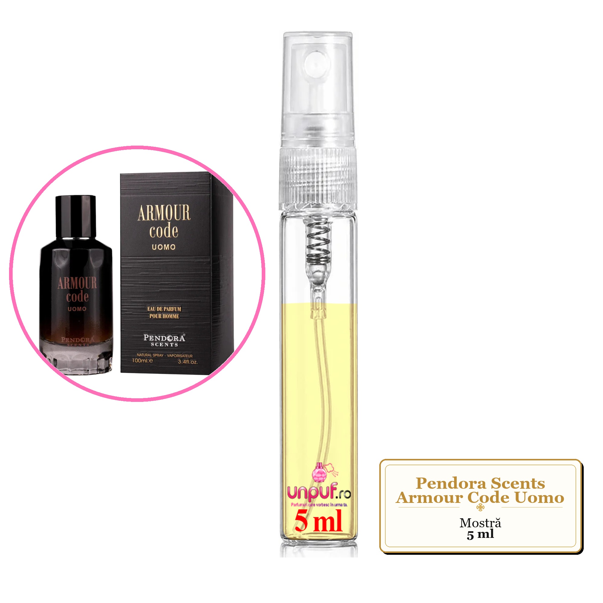 Mostra fiola din Parfumul Pendora Scents Armour Code Uomo, decant sticla cu pulverizator 