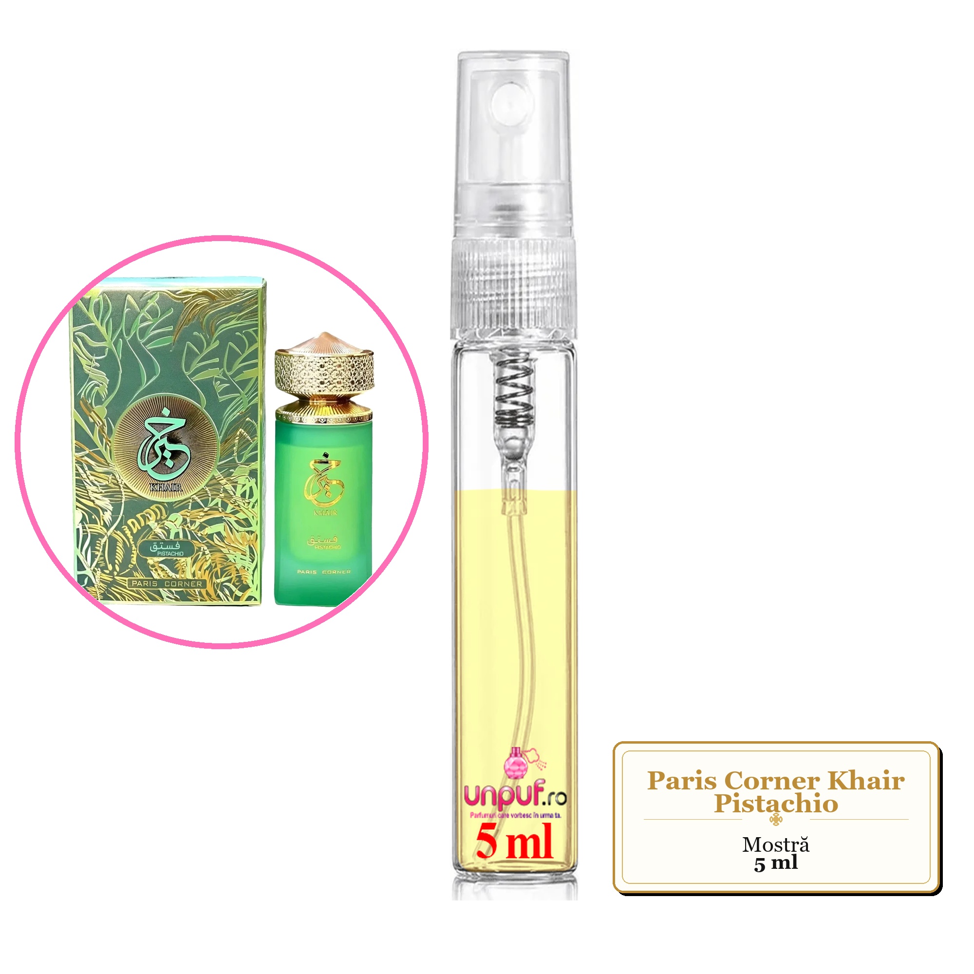 Mostra fiola din Parfumul Paris Corner Khair Pistachio, decant sticla cu pulverizator