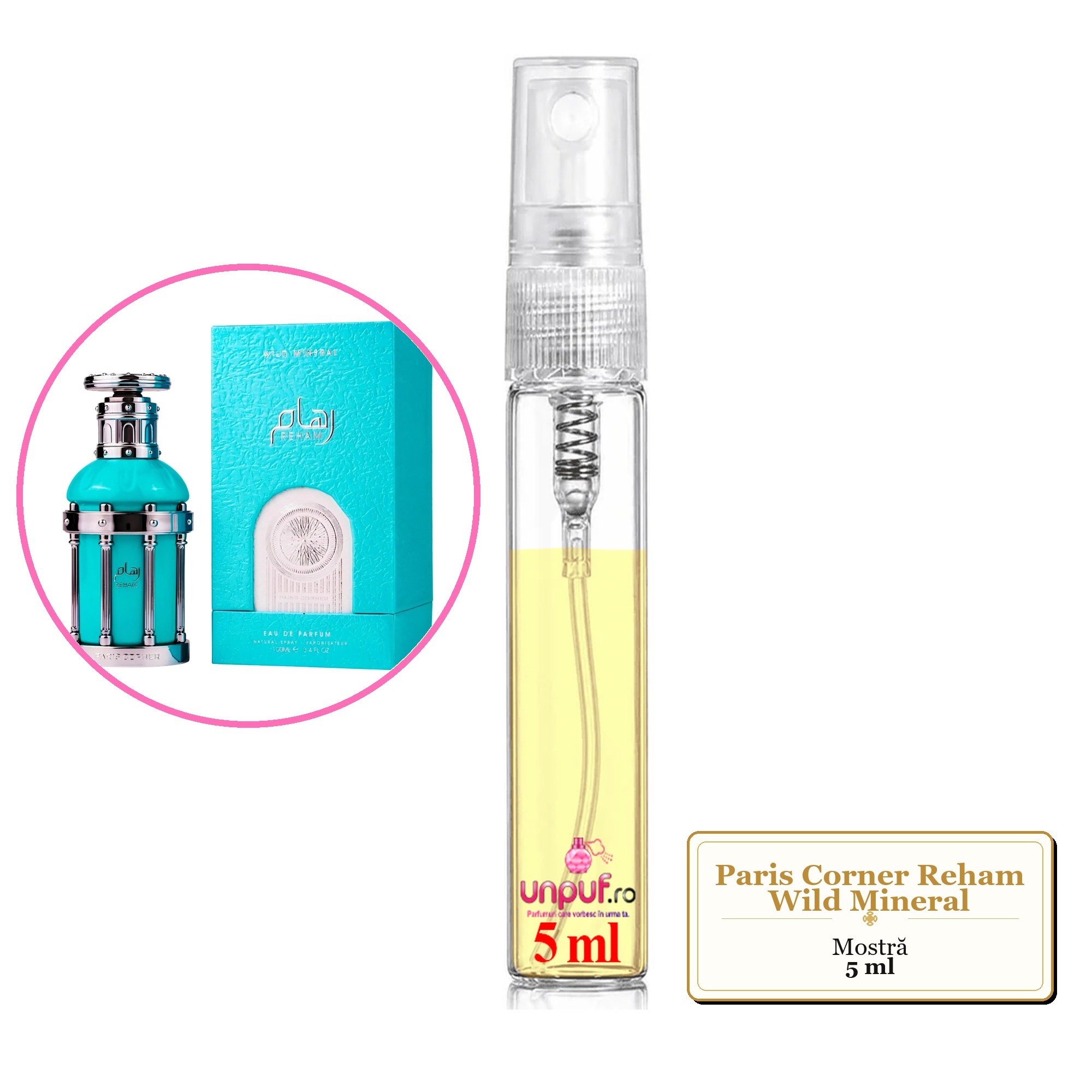 Mostra fiola din Parfumul Paris Corner Reham Wild Mineral, decant sticla cu pulverizator