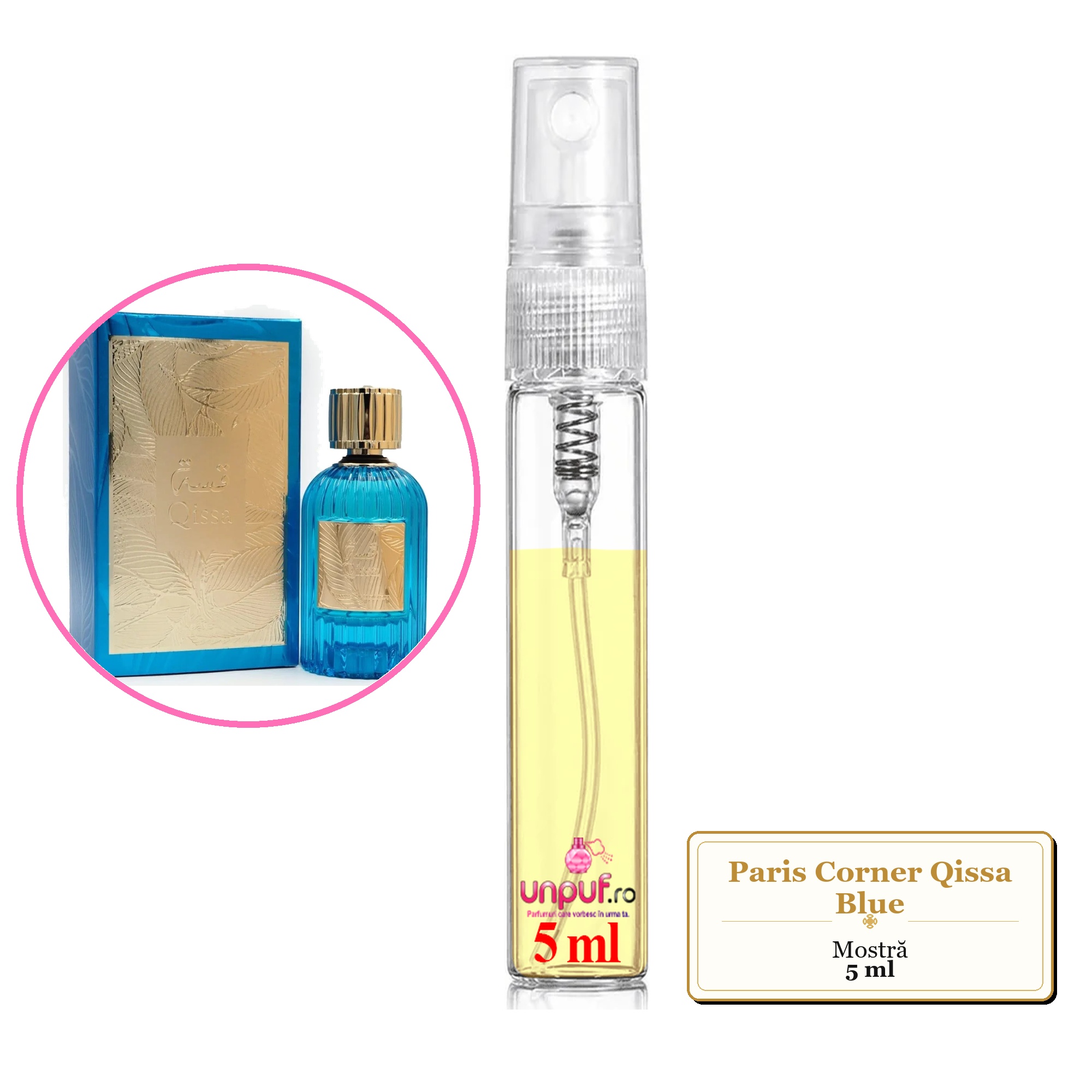 Mostra fiola din Parfumul Paris Corner Qissa Blue, decant sticla cu pulverizator 