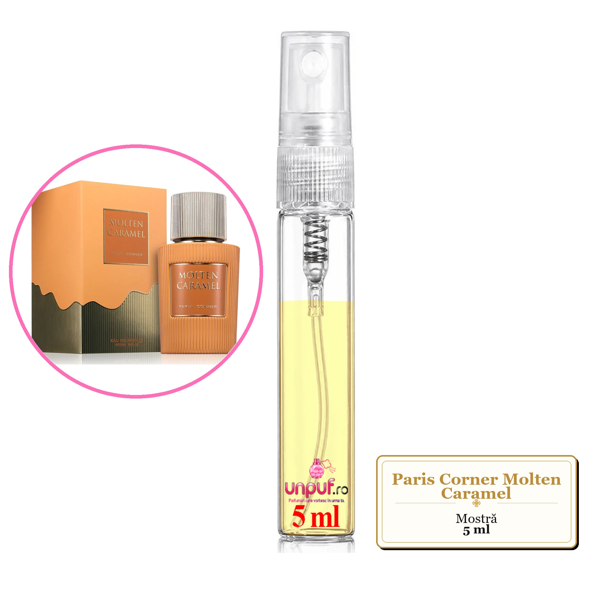 Mostra fiola din Parfumul Paris Corner Molten Caramel, decant sticla cu pulverizator
