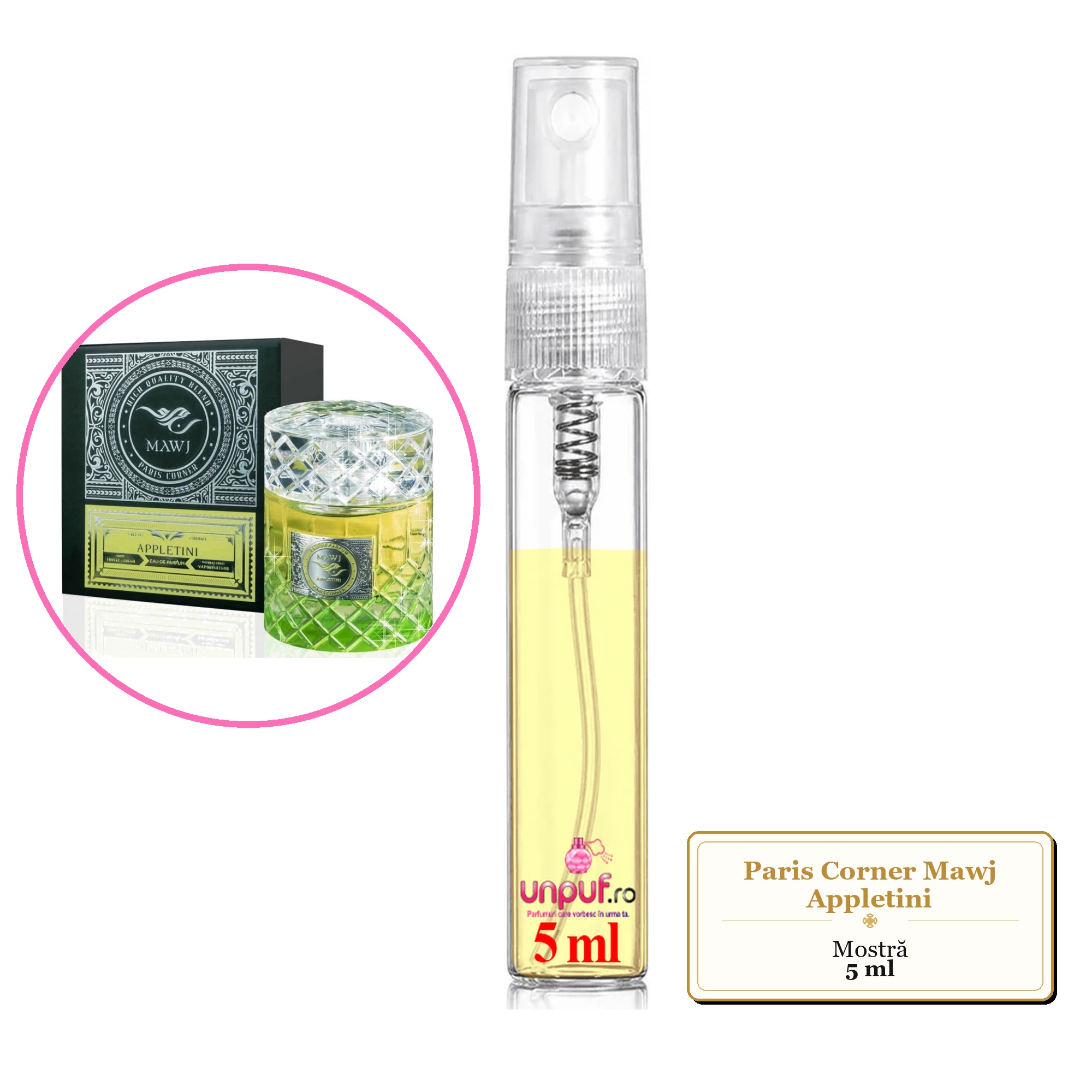 Mostra fiola din Parfumul Paris Corner Mawj Appletini, decant sticla cu pulverizator