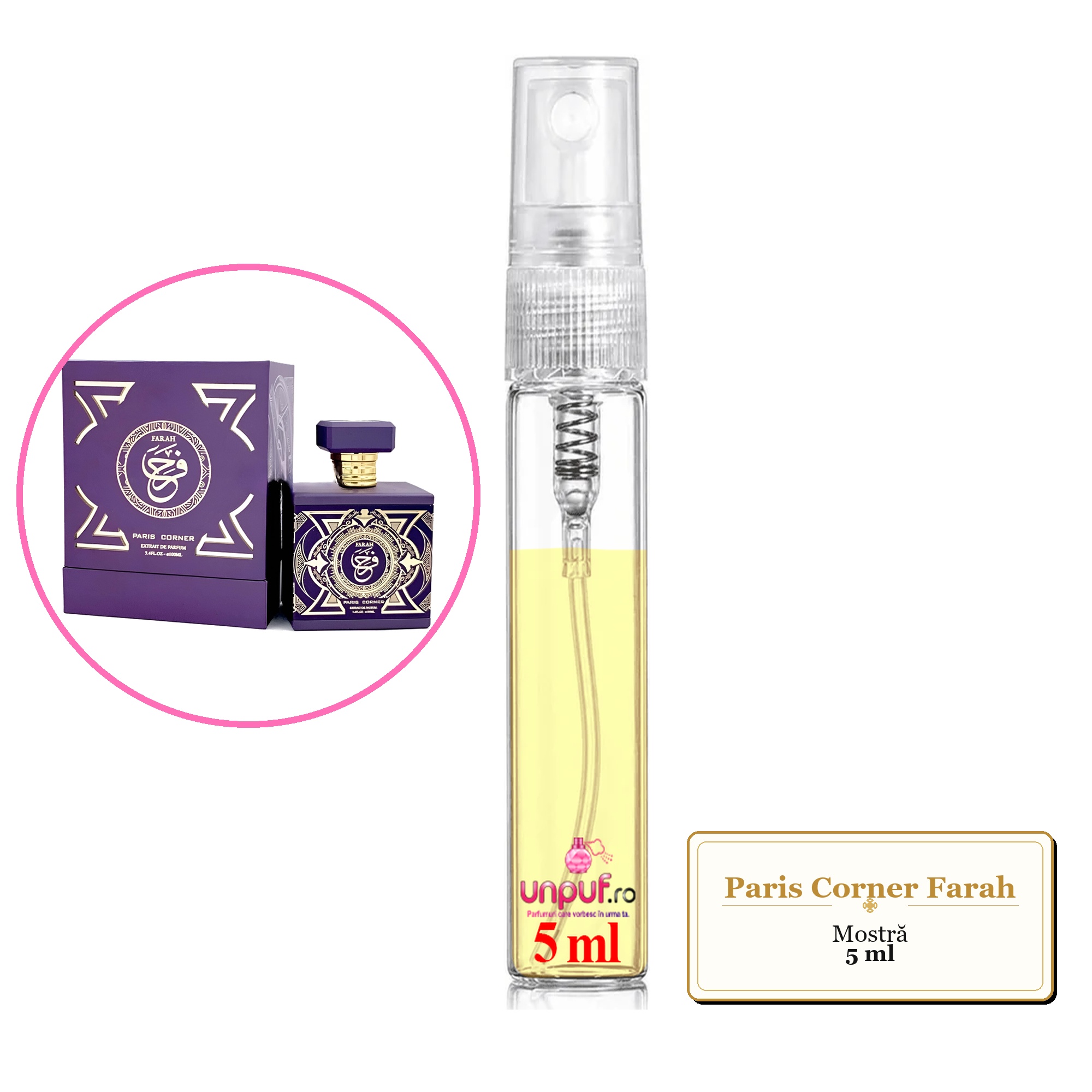 Mostra fiola din Parfumul Paris Corner Farah, decant sticla cu pulverizator