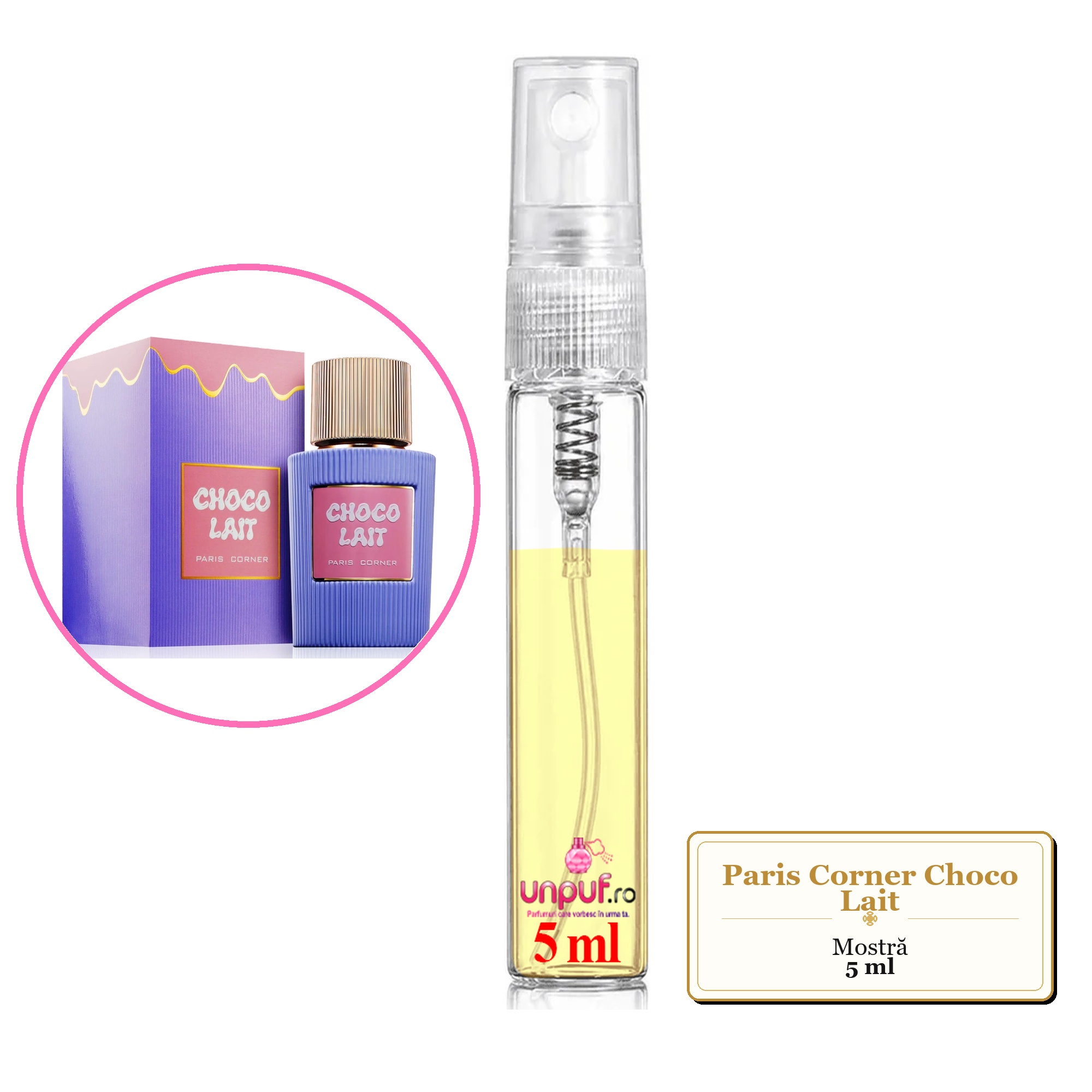 Mostra fiola din Parfumul Paris Corner Choco Lait, decant sticla cu pulverizator