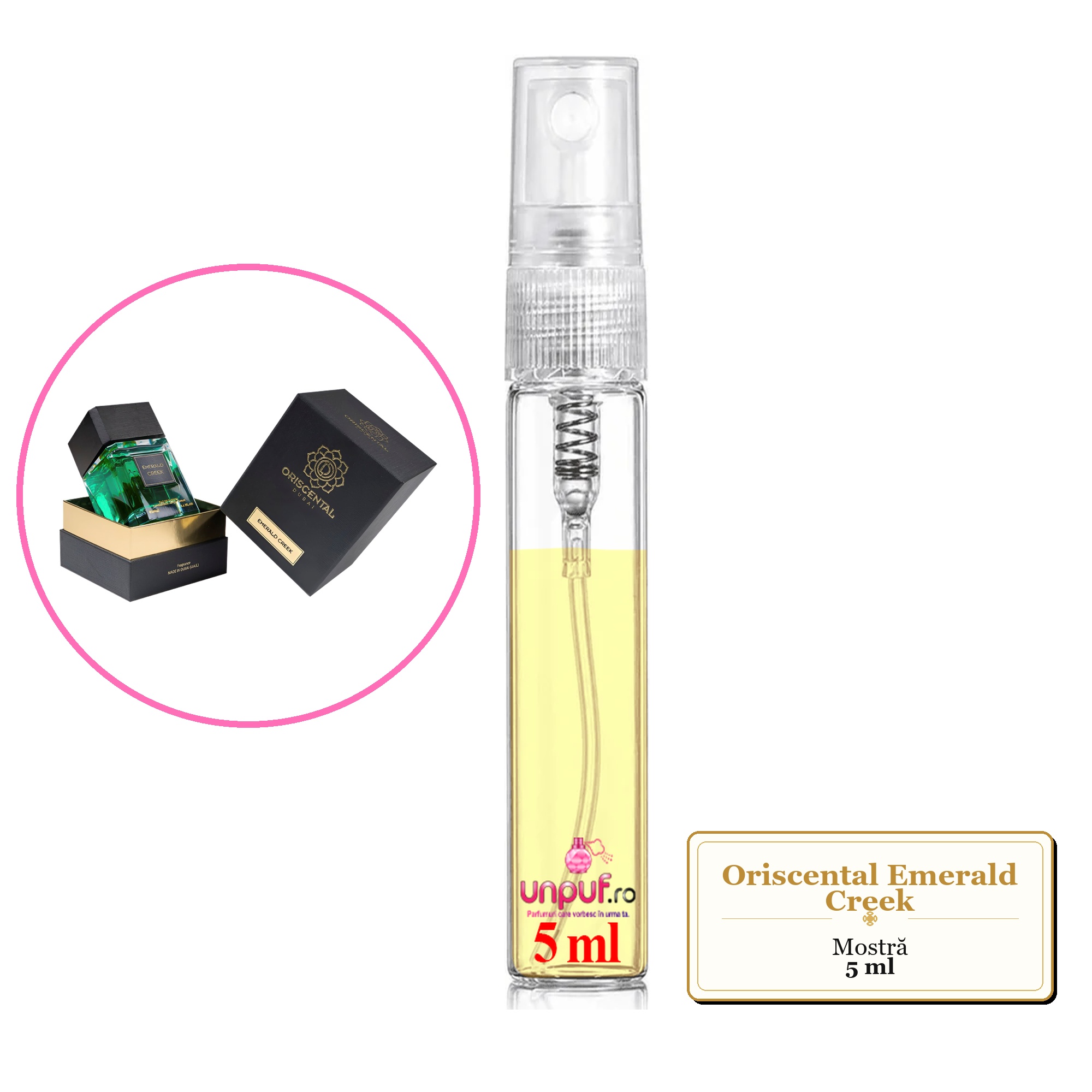 Mostra fiola din Parfumul Oriscental Emerald Creek, decant sticla cu pulverizator 