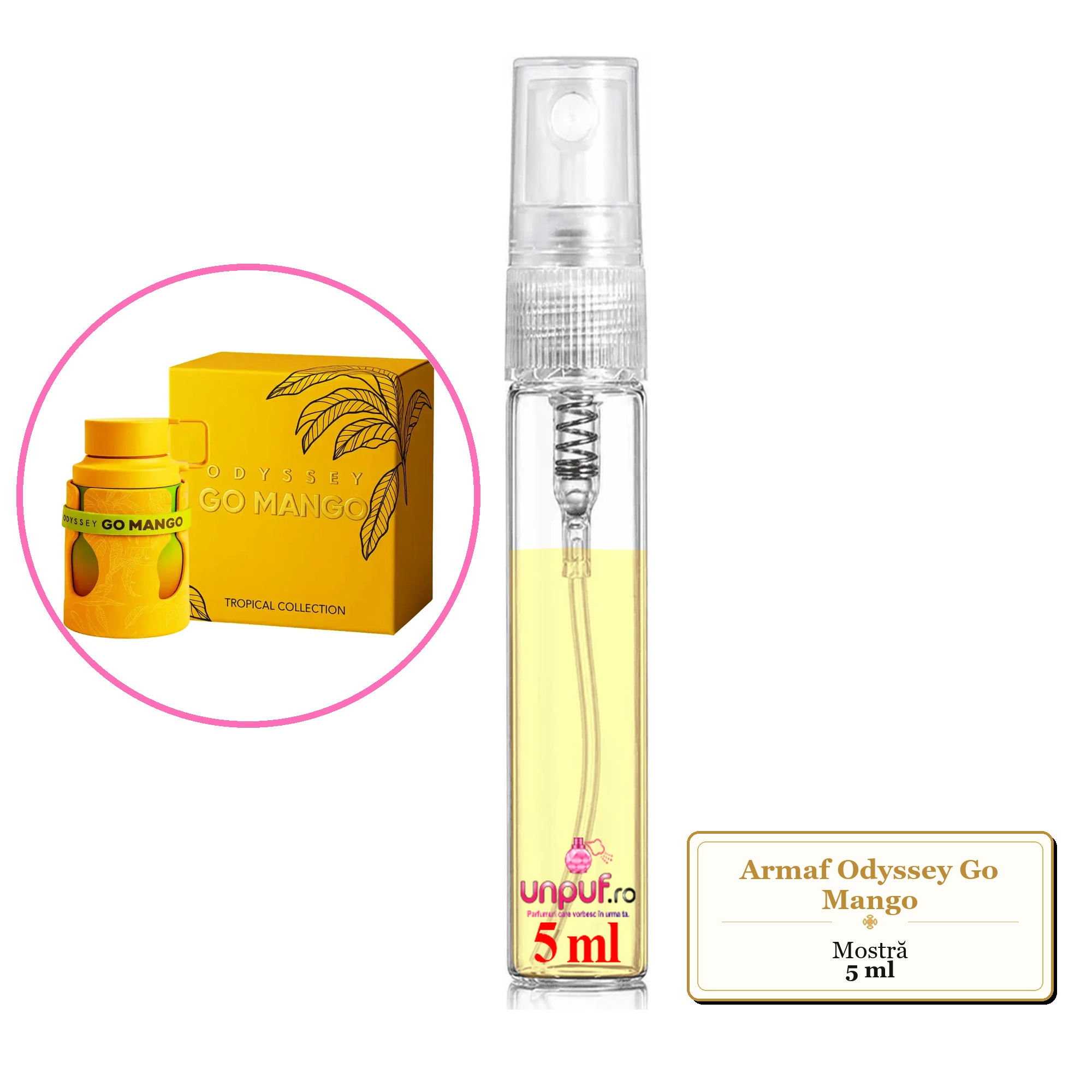 Mostra fiola din Parfumul Armaf Odyssey Go Mango, decant sticla cu pulverizator