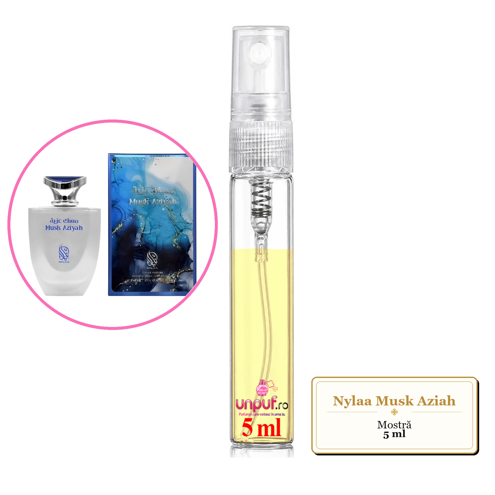 Mostra fiola din Parfumul Nylaa Musk Aziah, decant sticla cu pulverizator