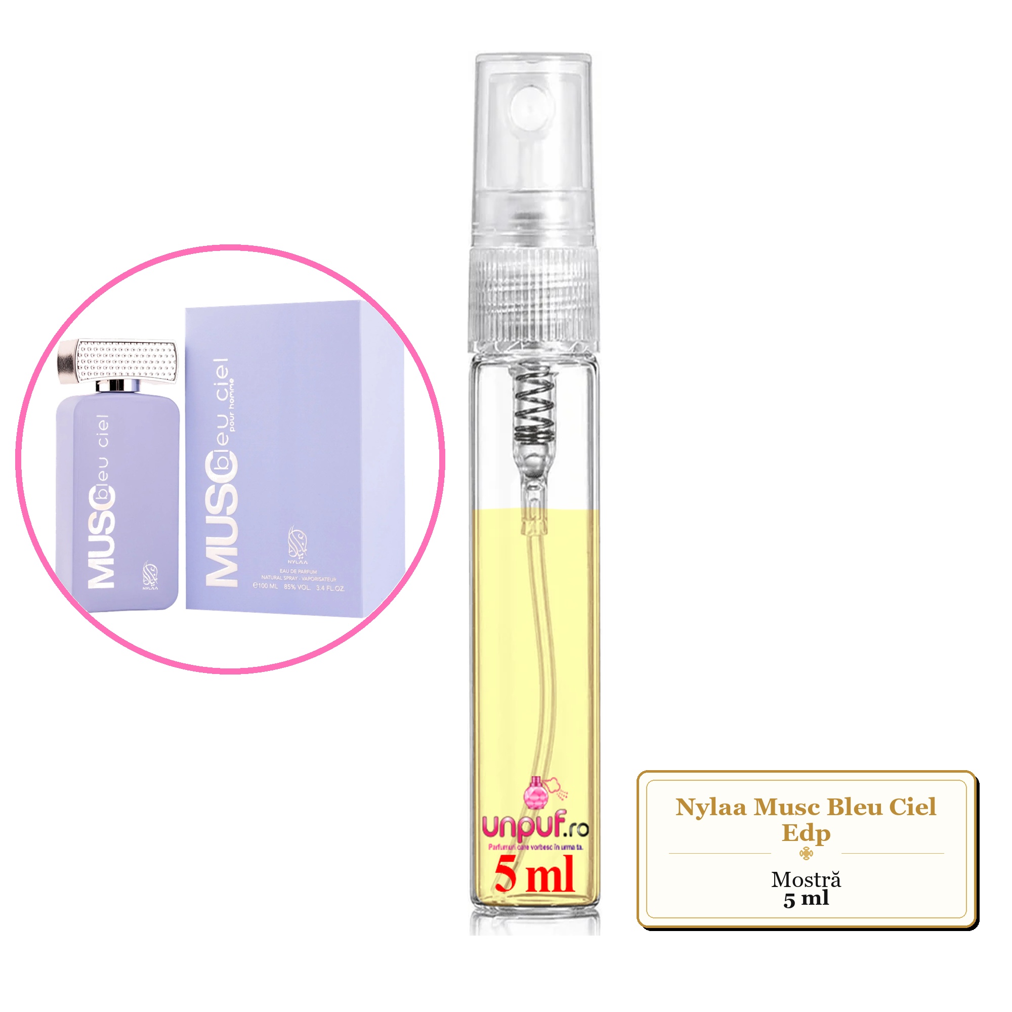 Mostra fiola din Parfumul Nylaa Musc Bleu Ciel Edp, decant sticla cu pulverizator