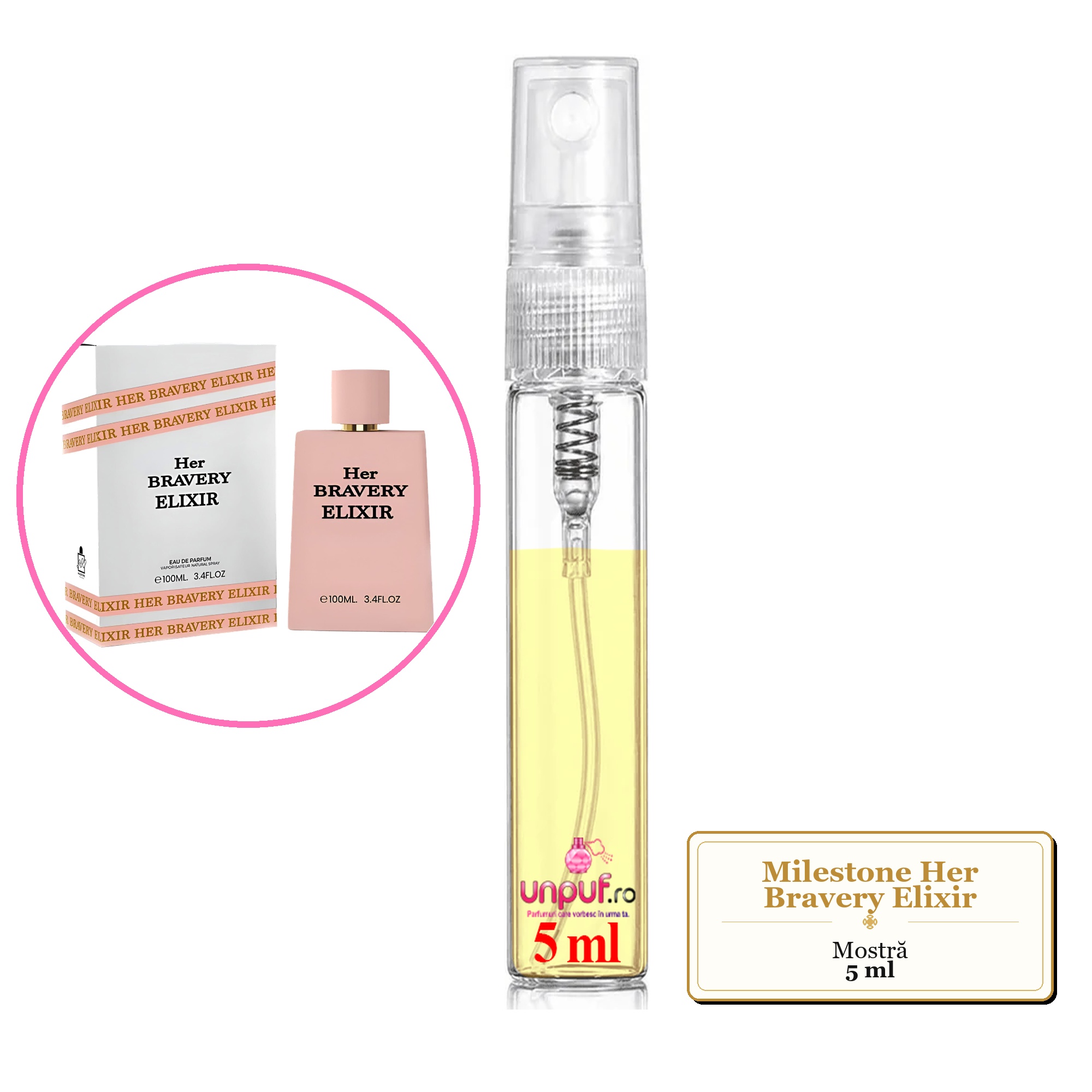 Mostra fiola din Parfumul Milestone Her Bravery Elixir, decant sticla cu pulverizator 