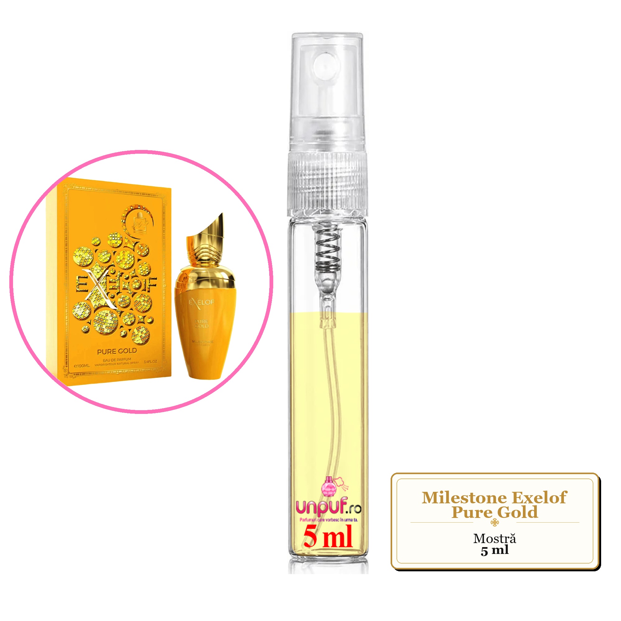 Mostra fiola din Parfumul Milestone Exelof Pure Gold, decant sticla cu pulverizator 