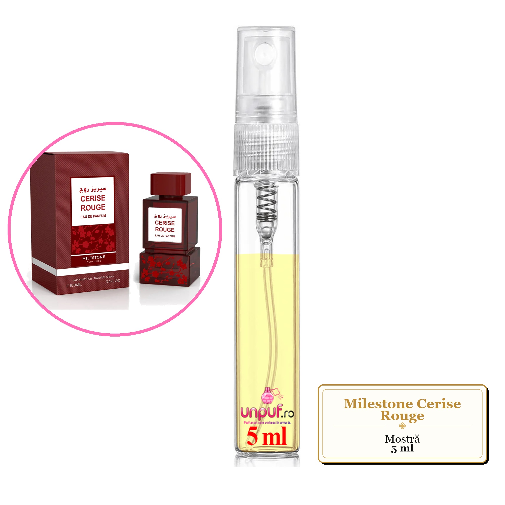 Mostra fiola din Parfumul Milestone Cerise Rouge, decant sticla cu pulverizator