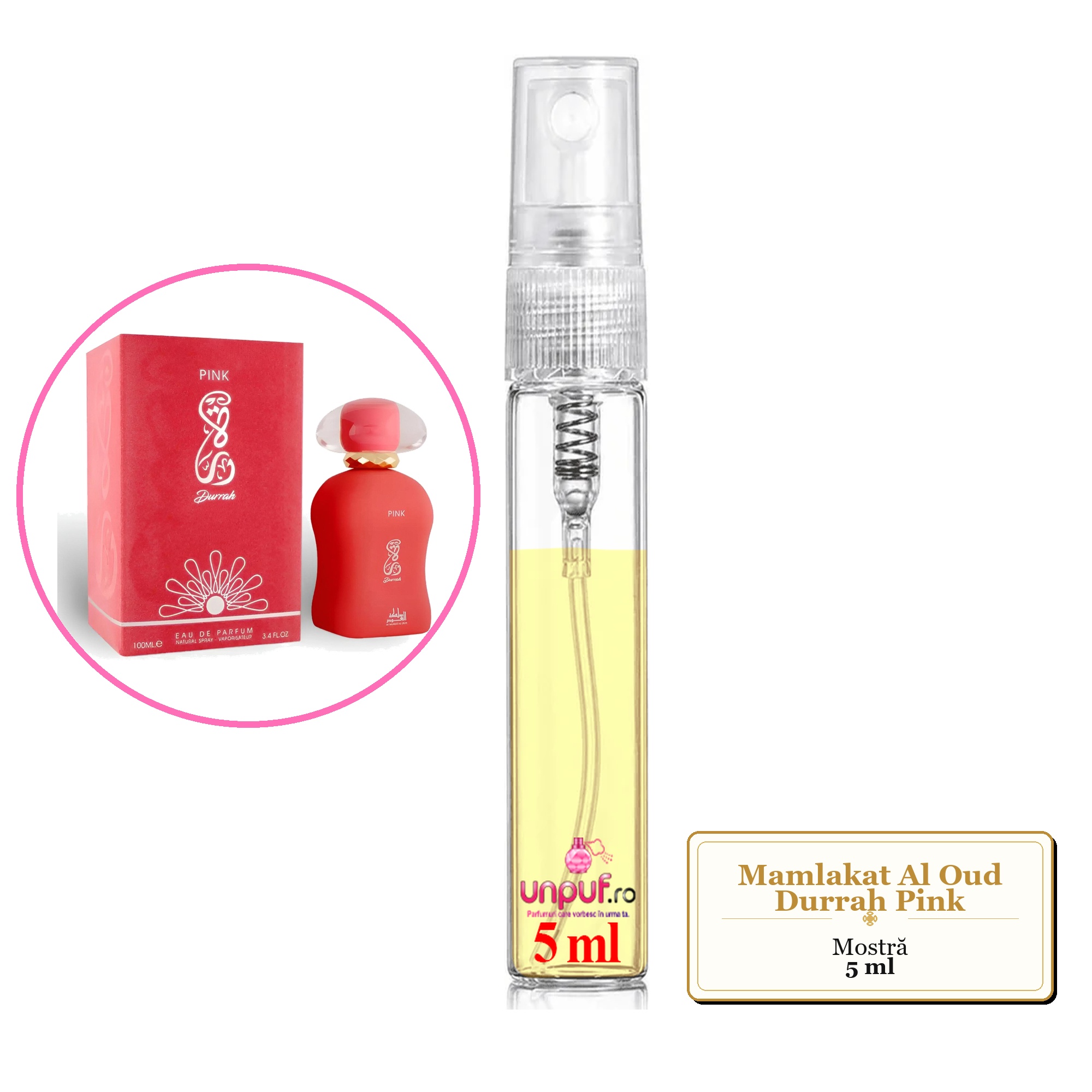 Mostra fiola din Parfumul Mamlakat Al Oud Durrah Pink, decant sticla cu pulverizator 