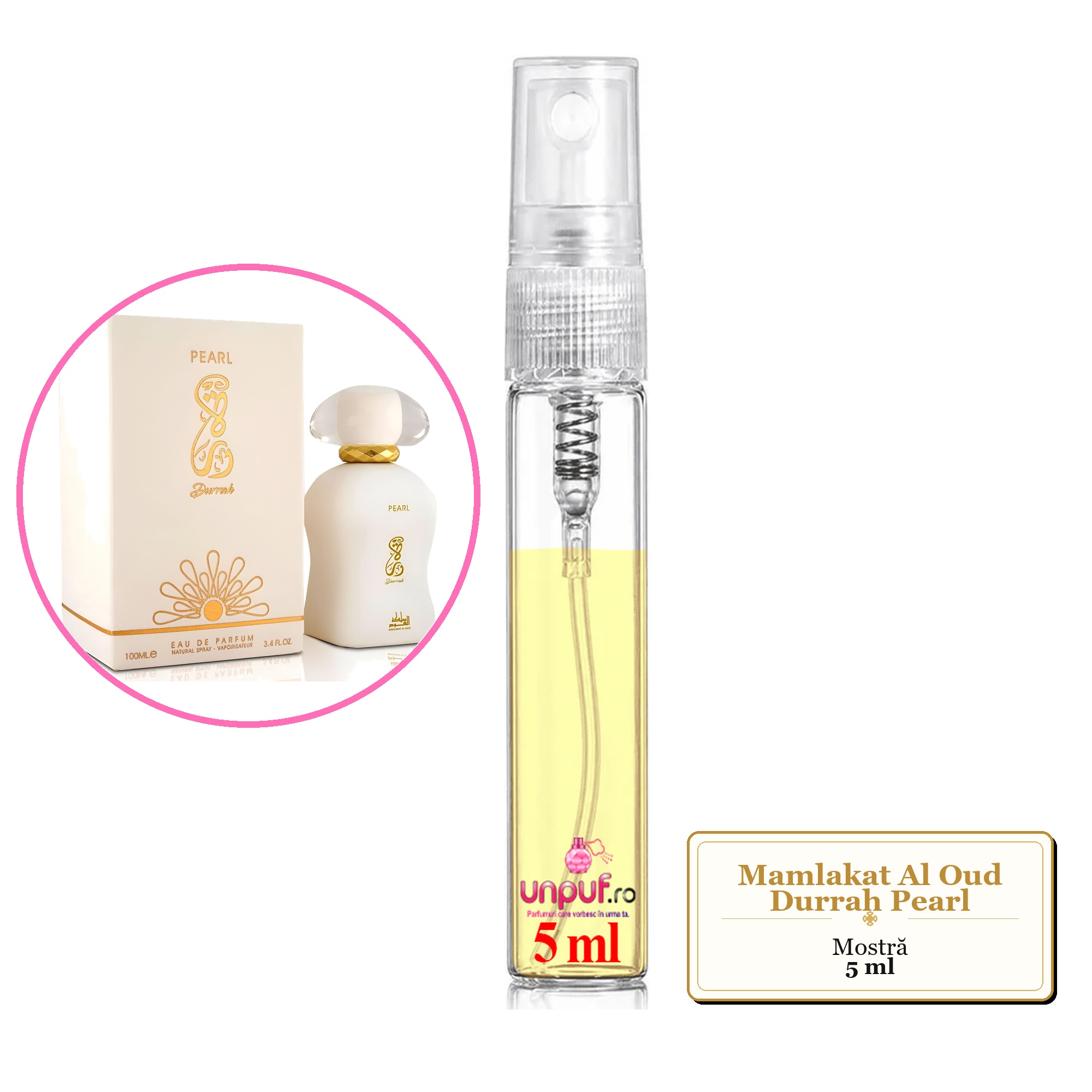 Mostra fiola din Parfumul Mamlakat Al Oud Durrah Pearl, decant sticla cu pulverizator