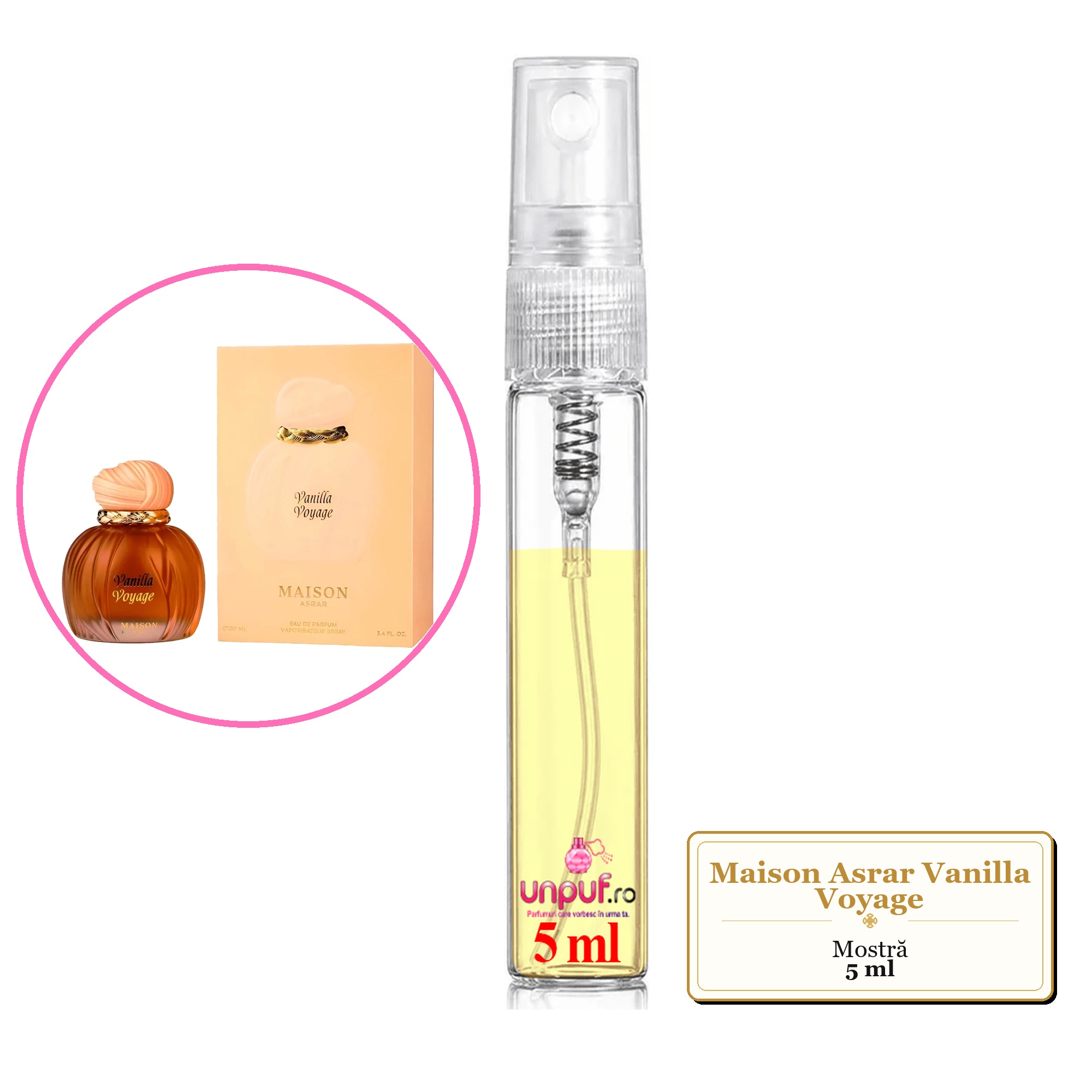 Mostra fiola din Parfumul Maison Asrar Vanilla Voyage, decant sticla cu pulverizator
