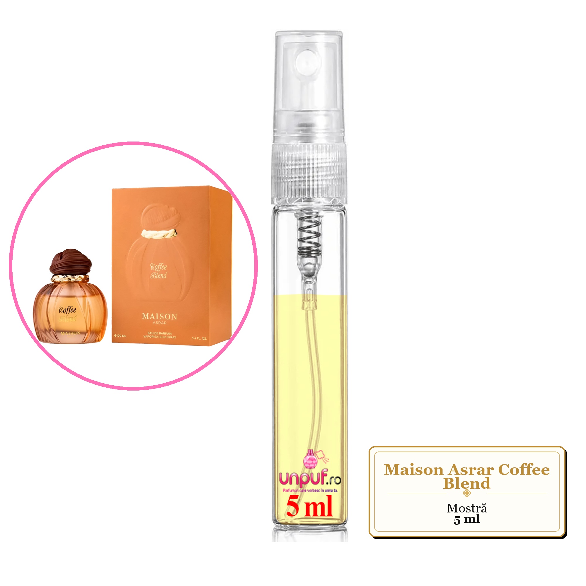 Mostra fiola din Parfumul Maison Asrar Coffee Blend, decant sticla cu pulverizator