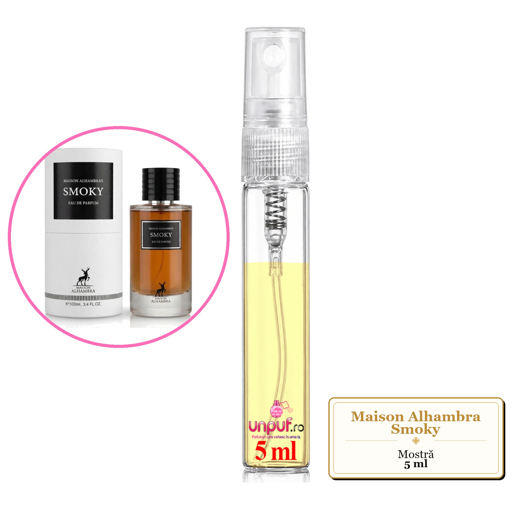 Mostra fiola din Parfumul Maison Alhambra Smoky, decant sticla cu pulverizator
