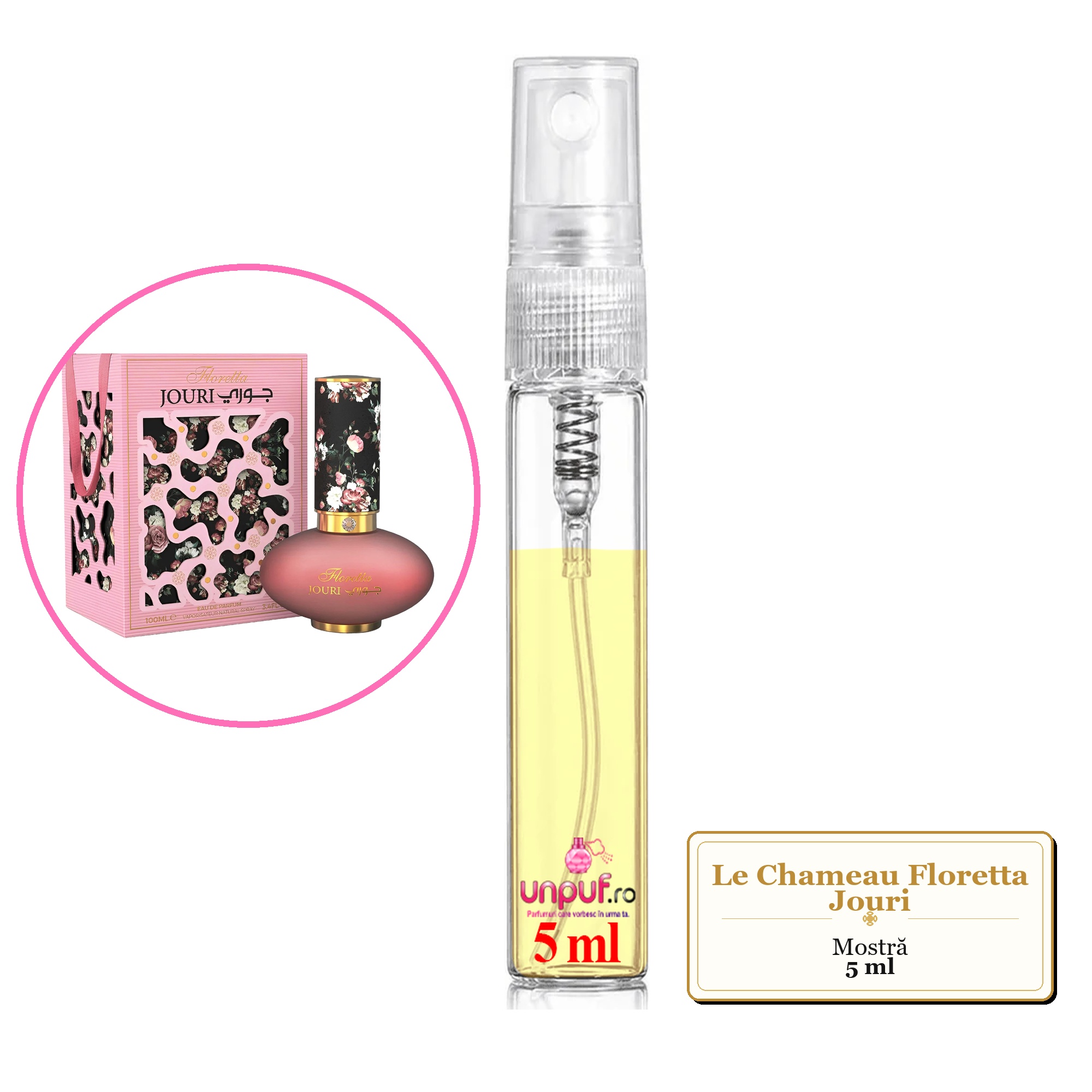 Mostra fiola din Parfumul Le Chameau Floretta Jouri, decant sticla cu pulverizator 