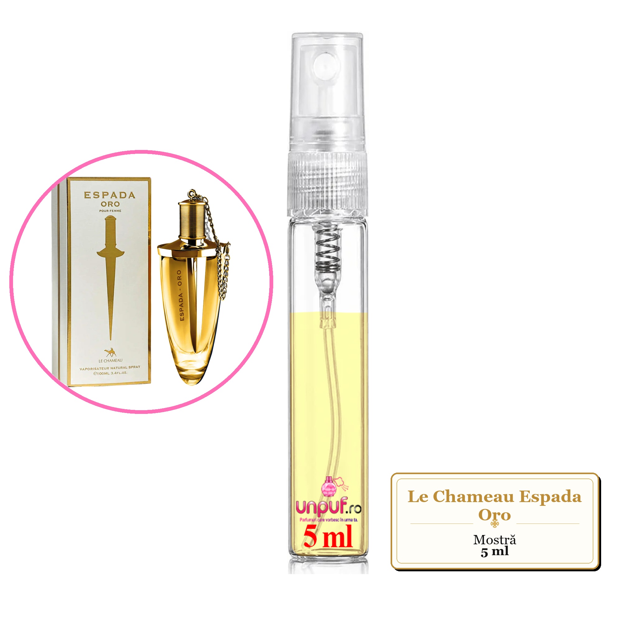 Mostra fiola din Parfumul Le Chameau Espada Oro, decant sticla cu pulverizator
