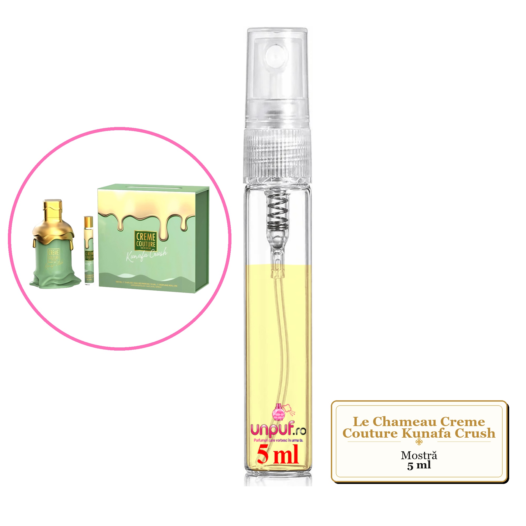 Mostra fiola din Parfumul Le Chameau Creme Couture Kunafa Crush, decant sticla cu pulverizator