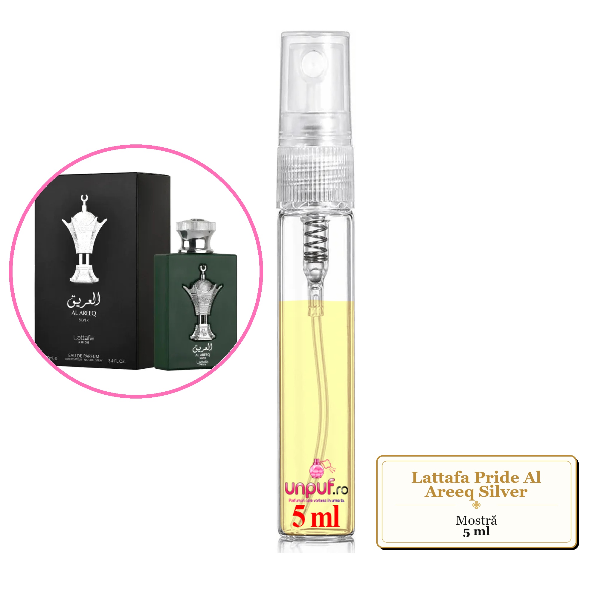 Mostra fiola din Parfumul Lattafa Pride Al Areeq Silver, decant sticla cu pulverizator