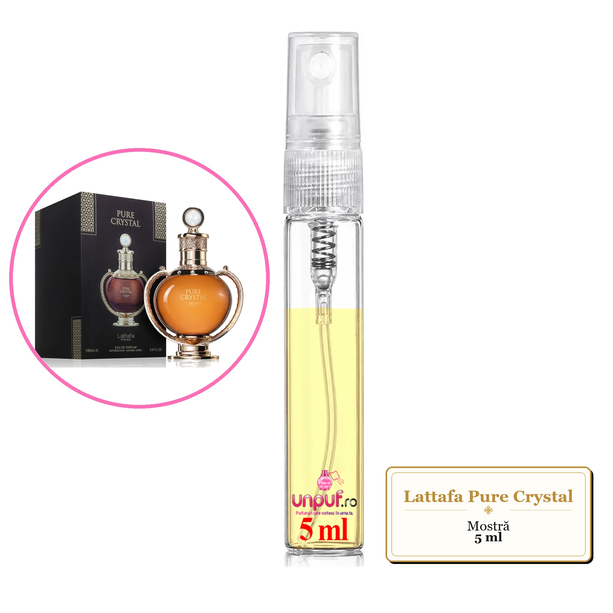 Mostra fiola din Parfumul Lattafa Pure Crystal, decant sticla cu pulverizator