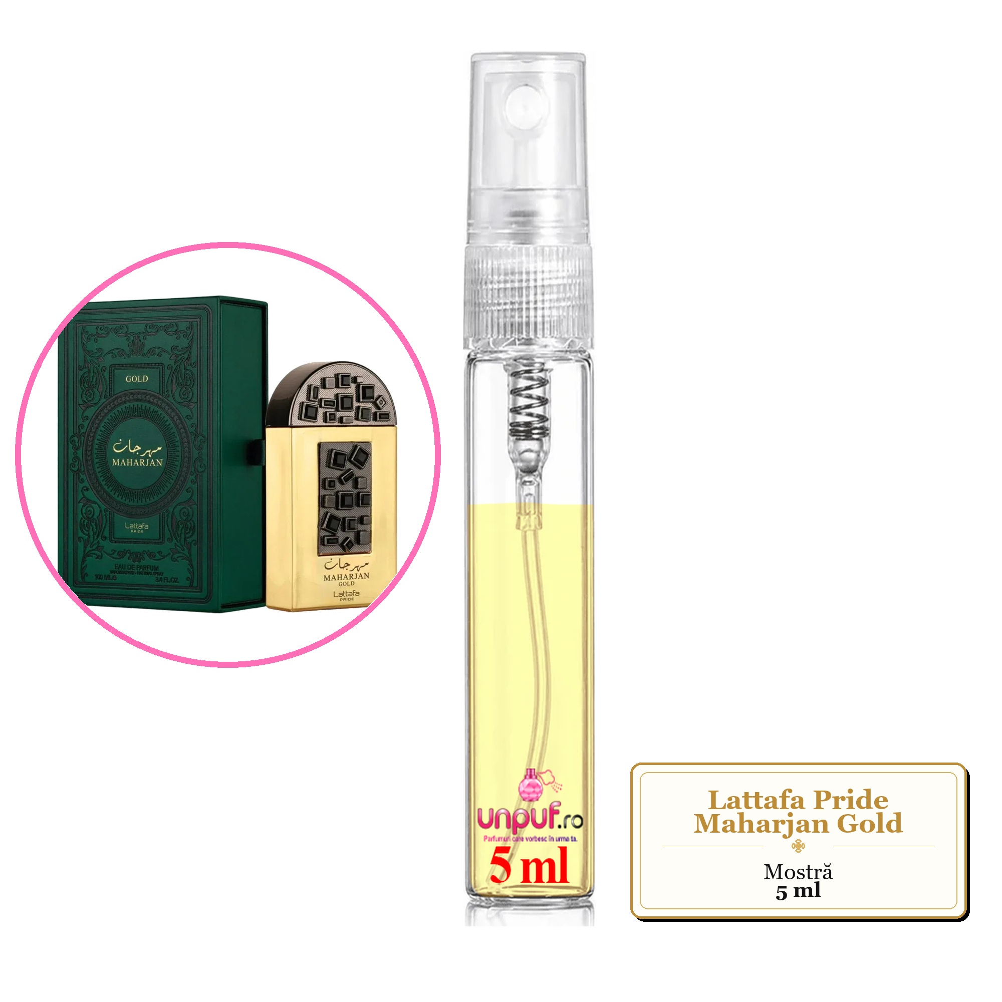 Mostra fiola din Parfumul Lattafa Pride Maharjan Gold, decant sticla cu pulverizator 