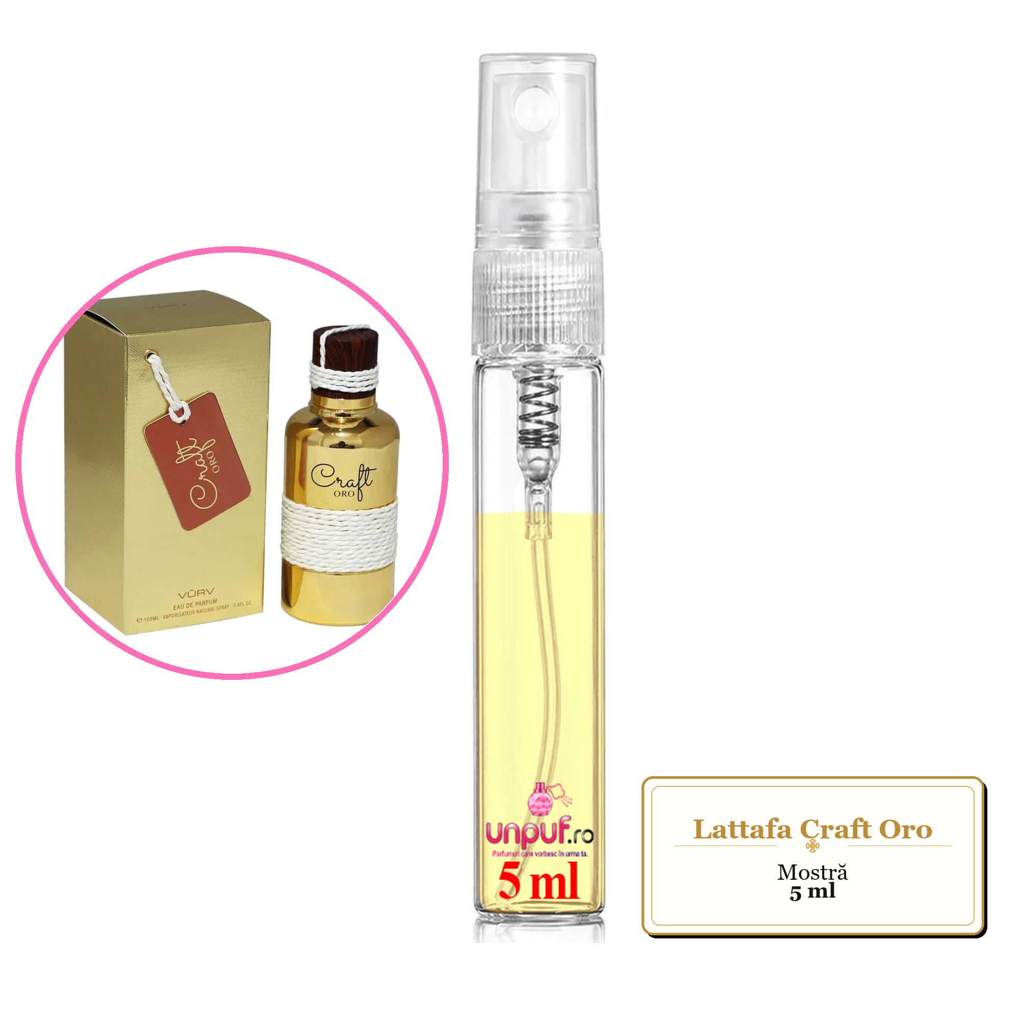 Mostra fiola din Parfumul Lattafa Craft Oro, decant sticla cu pulverizator