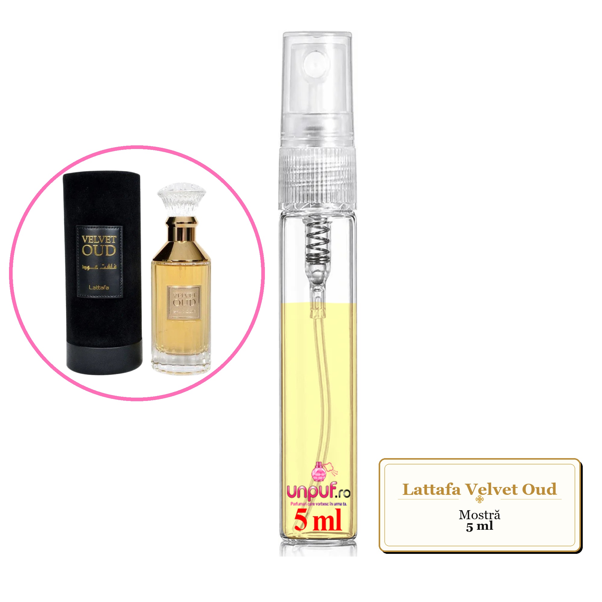 Mostra fiola din Parfumul Lattafa Velvet Oud, decant sticla cu pulverizator