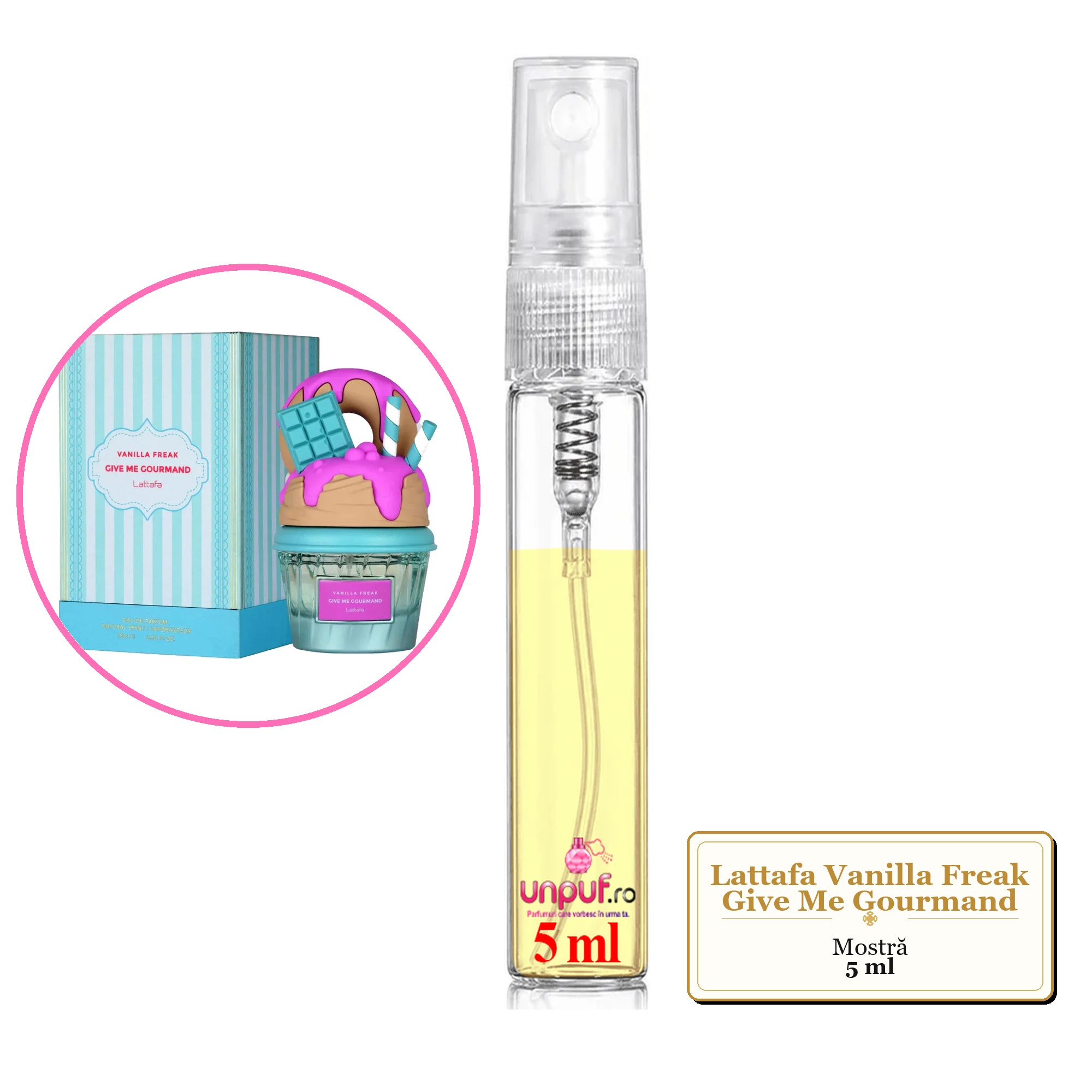 Mostra fiola din Parfumul Lattafa Vanilla Freak Give Me Gourmand, decant sticla cu pulverizator