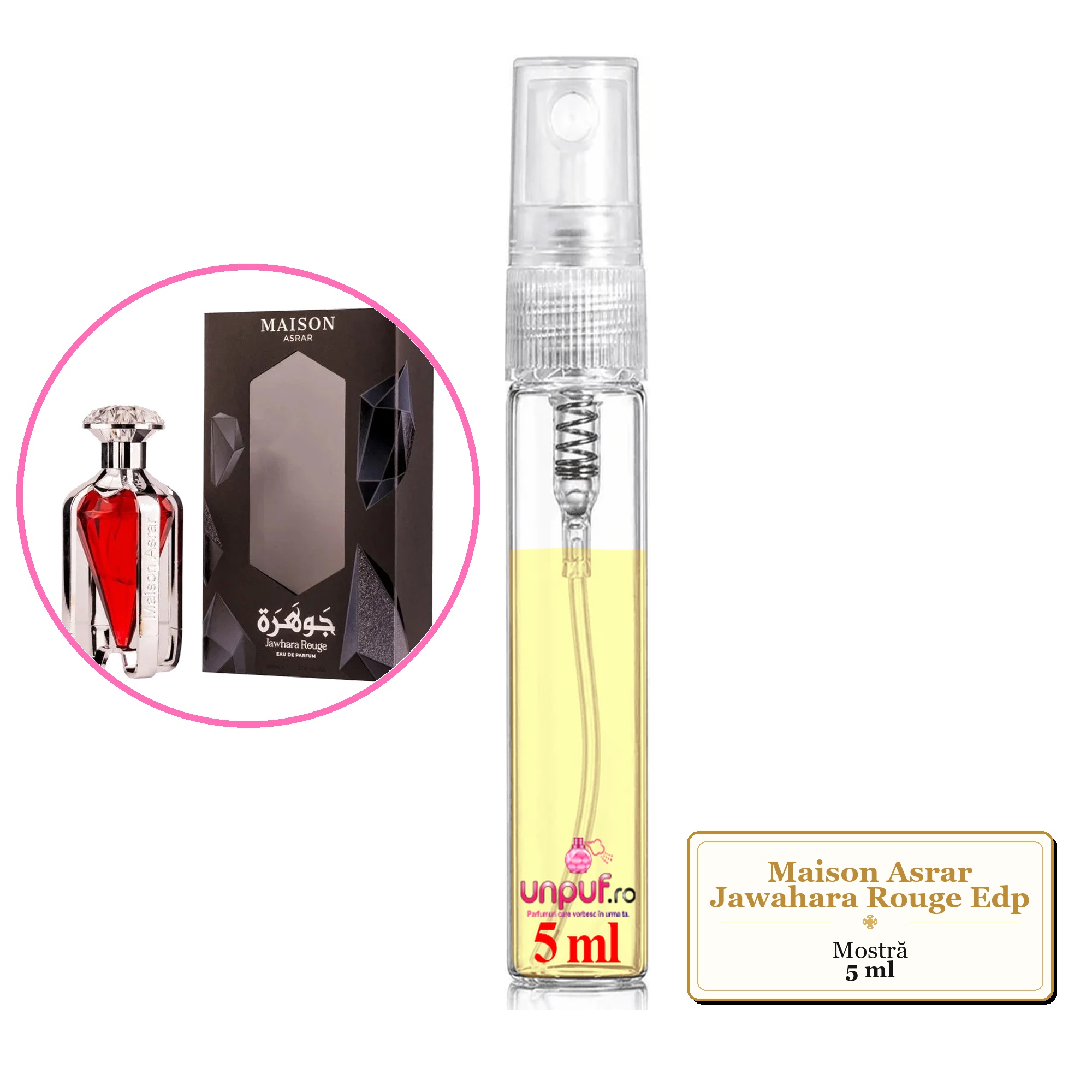 Mostra fiola din Parfumul Maison Asrar Jawahara Rouge Edp, decant sticla cu pulverizator