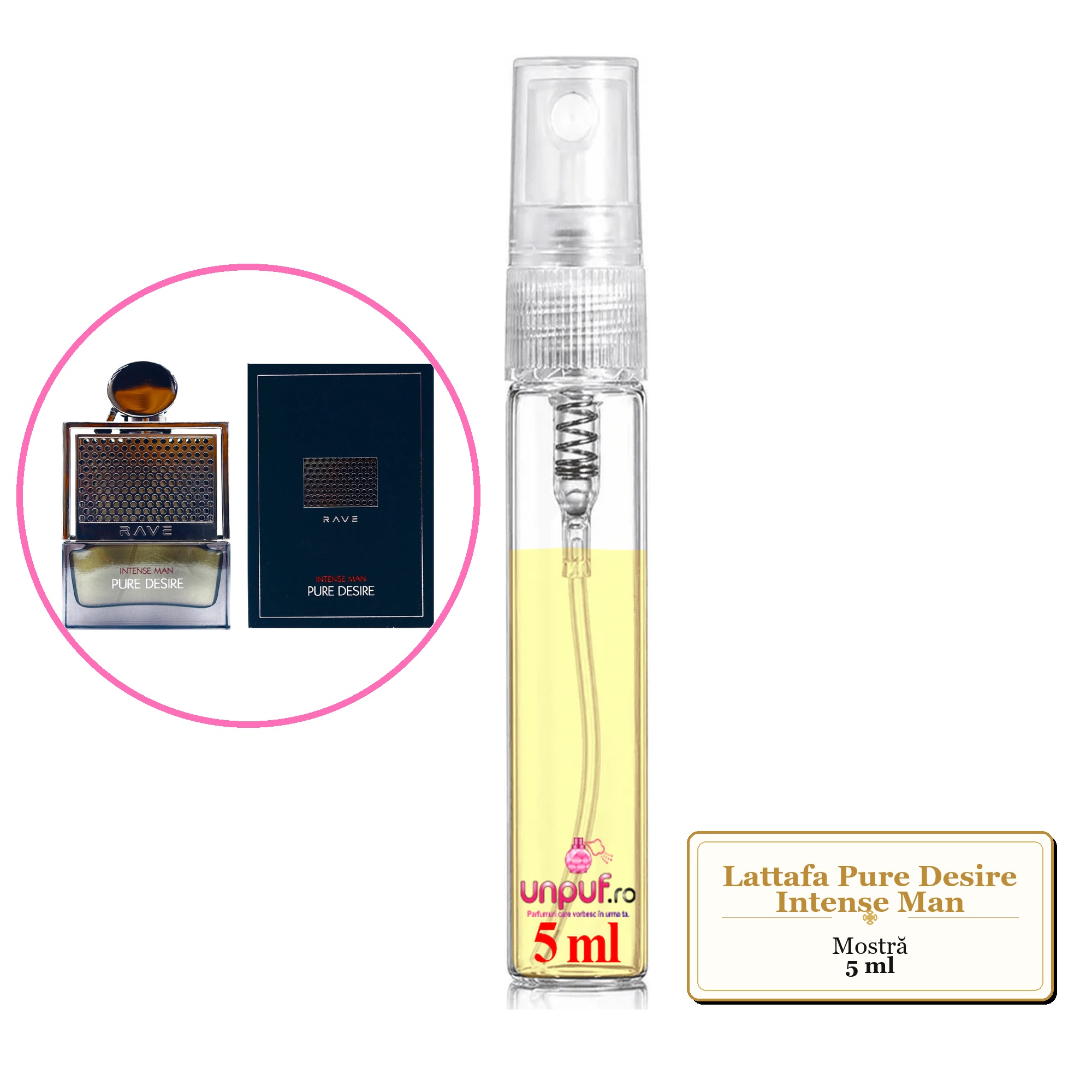 Mostra fiola din Parfumul Lattafa Pure Desire Intense Man, decant sticla cu pulverizator