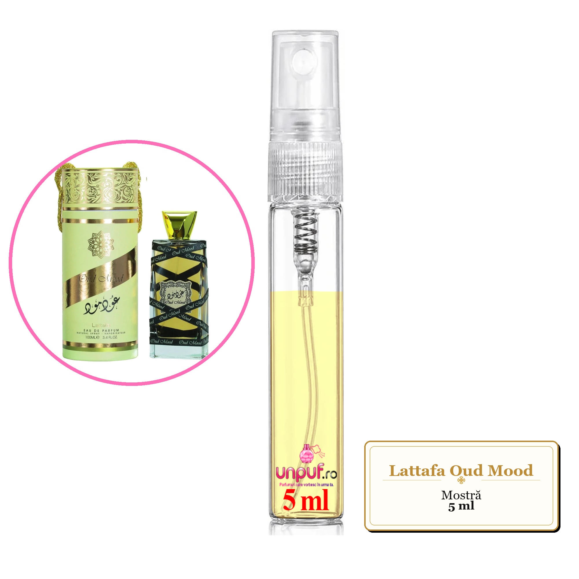 Mostra fiola din Parfumul Lattafa Oud Mood, decant sticla cu pulverizator