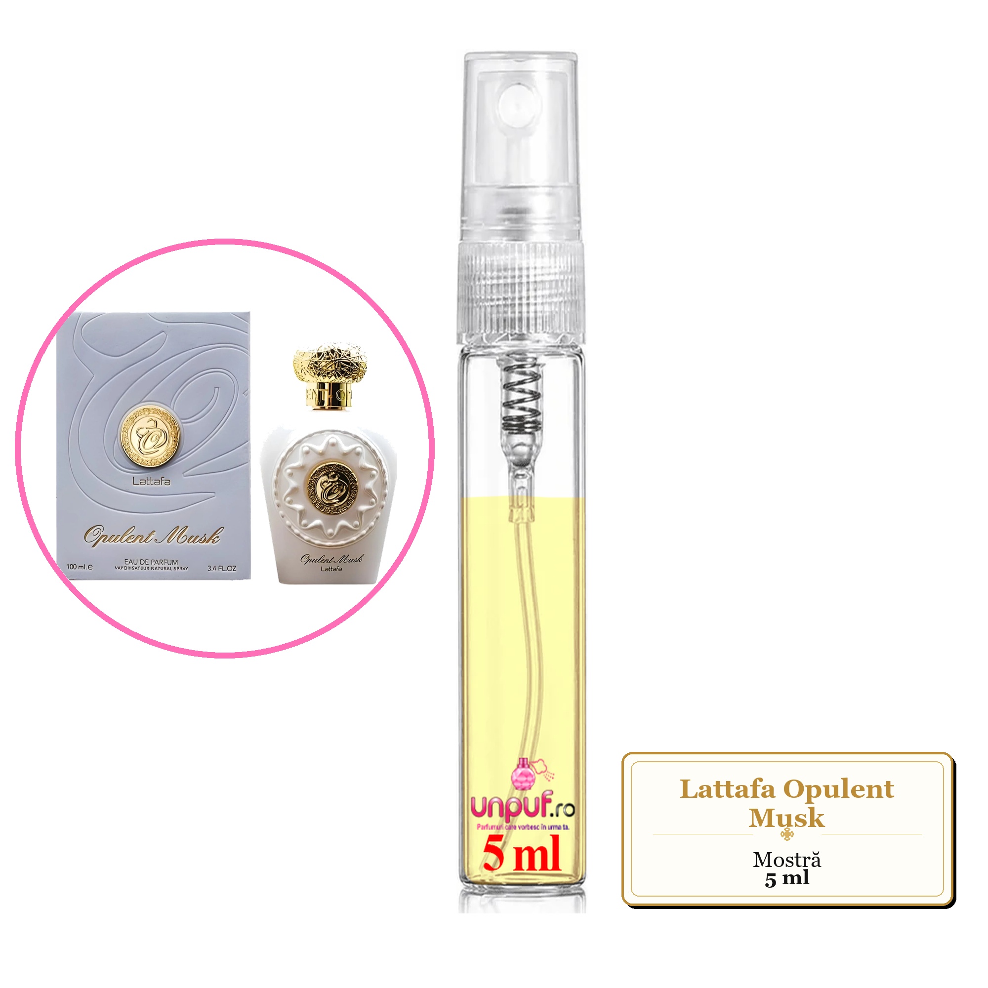 Mostra fiola din Parfumul Lattafa Opulent Musk, decant sticla cu pulverizator