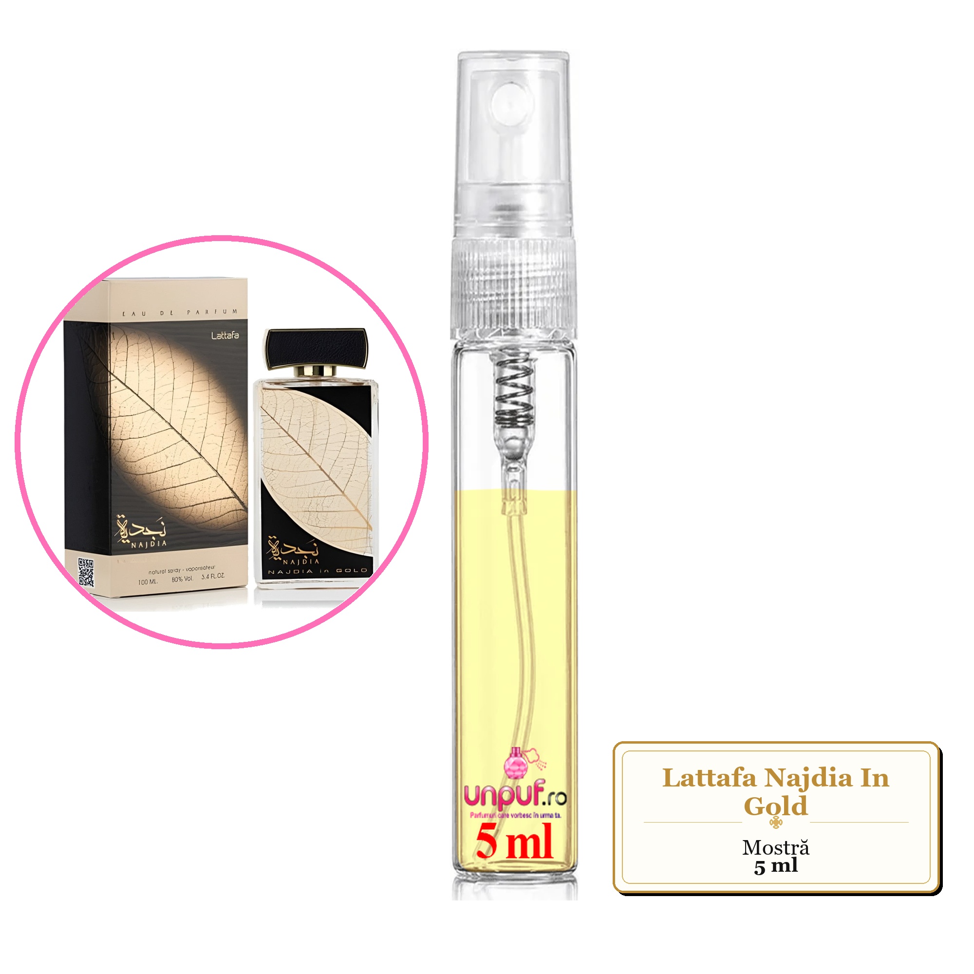 Mostra fiola din Parfumul Lattafa Najdia In Gold, decant sticla cu pulverizator 