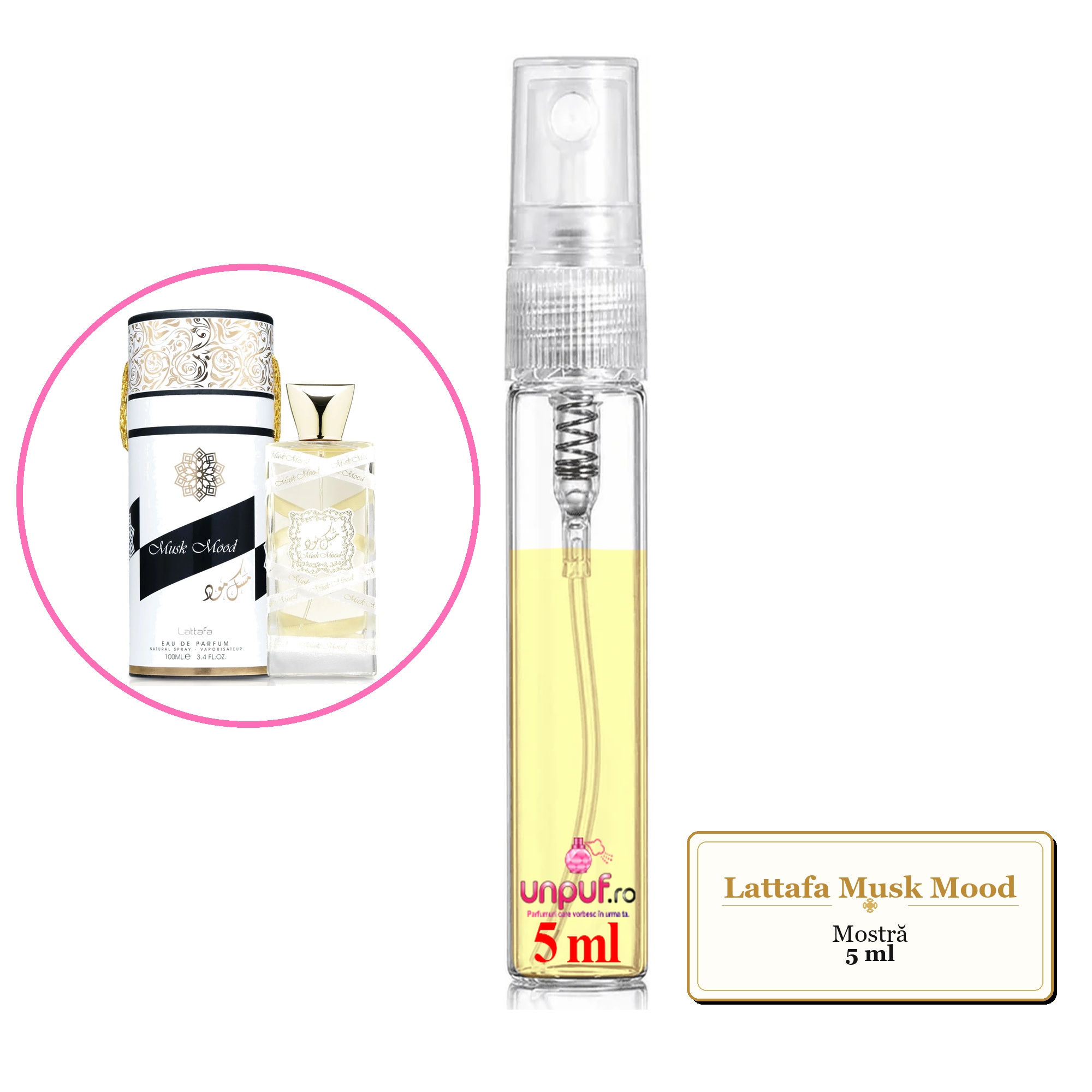Mostra fiola din Parfumul Lattafa Musk Mood, decant sticla cu pulverizator 